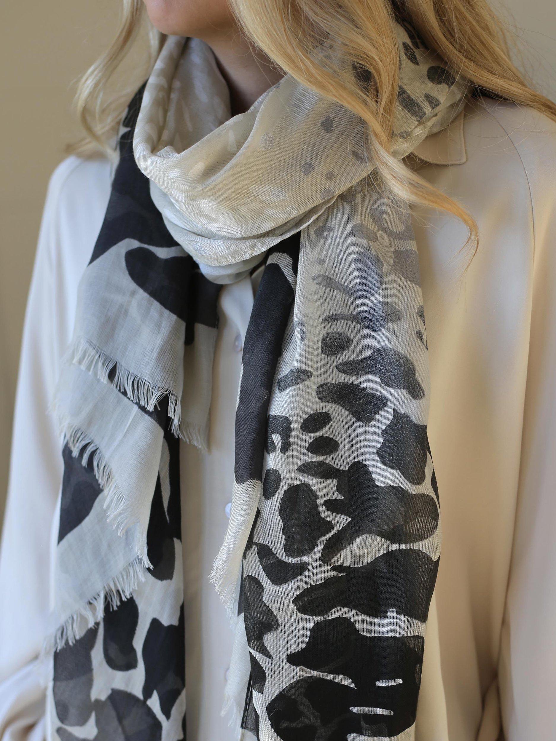 Product image 3 of 3, which shows Tutti & Co Watercolour Animal Print Scarf, Stone/Black