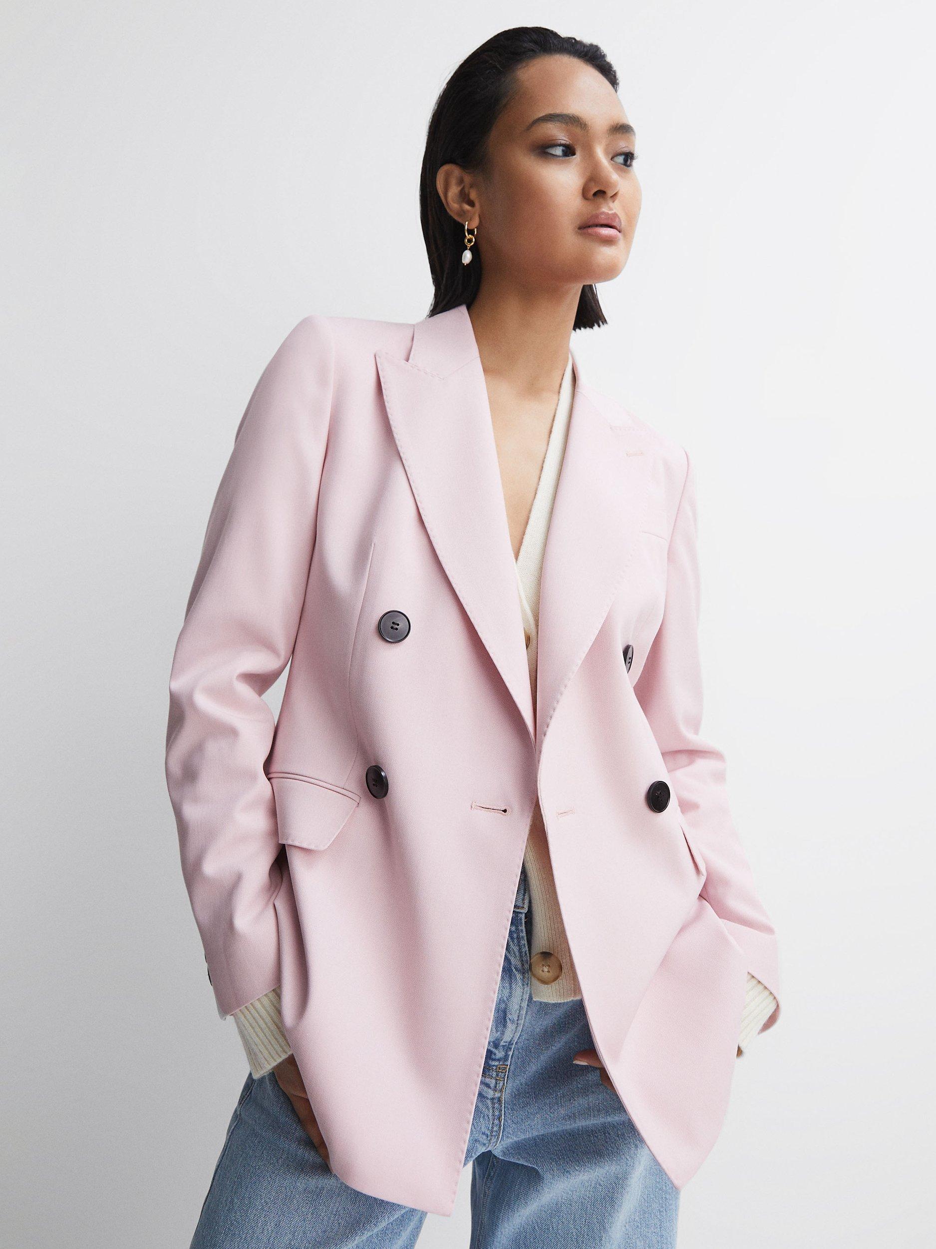 Reiss Evelyn Double Breasted Wool Blend Blazer, Pink