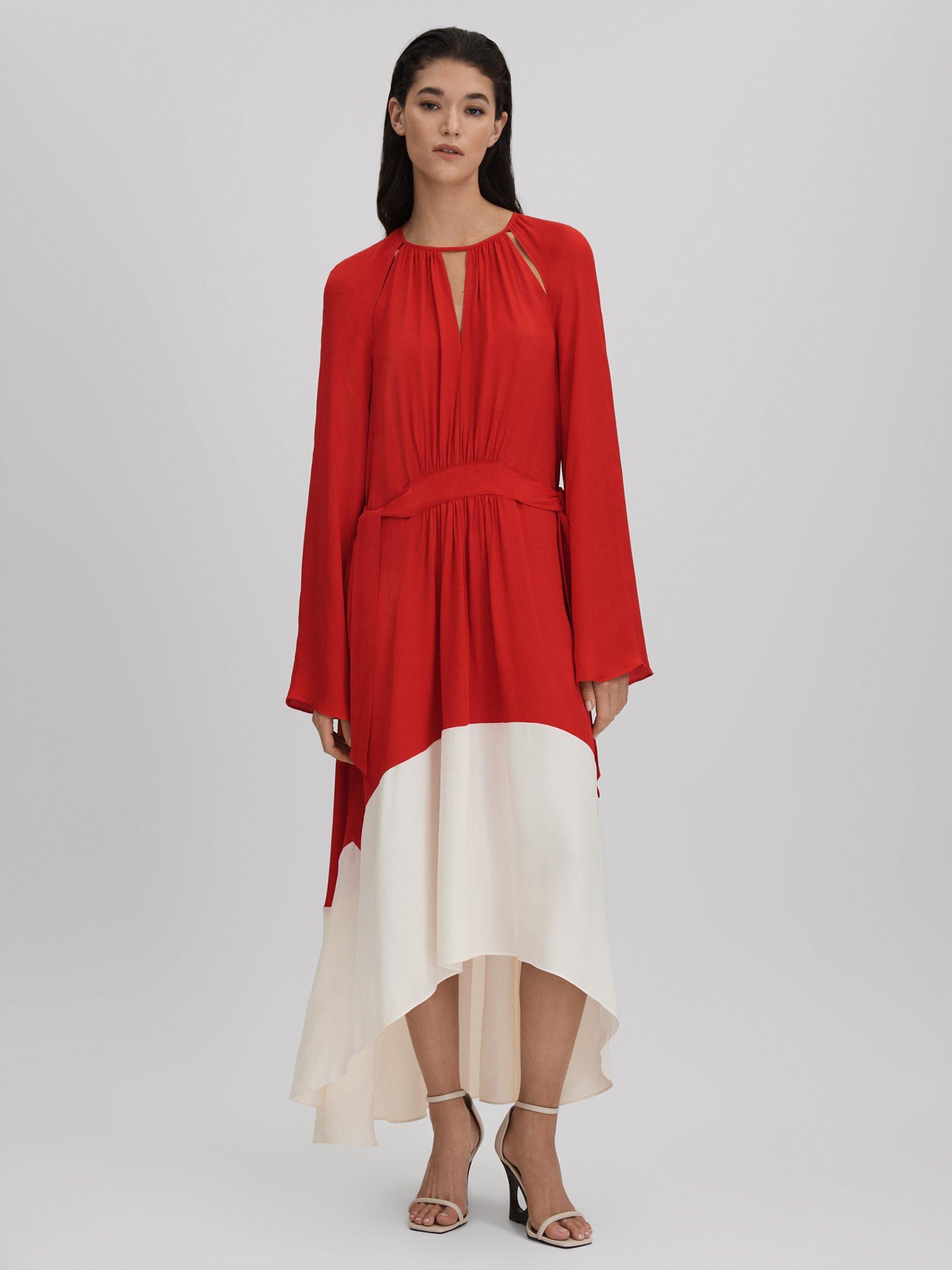 Reiss Luella Colour Block High-Low Hem Midi Dress, Red/Cream
