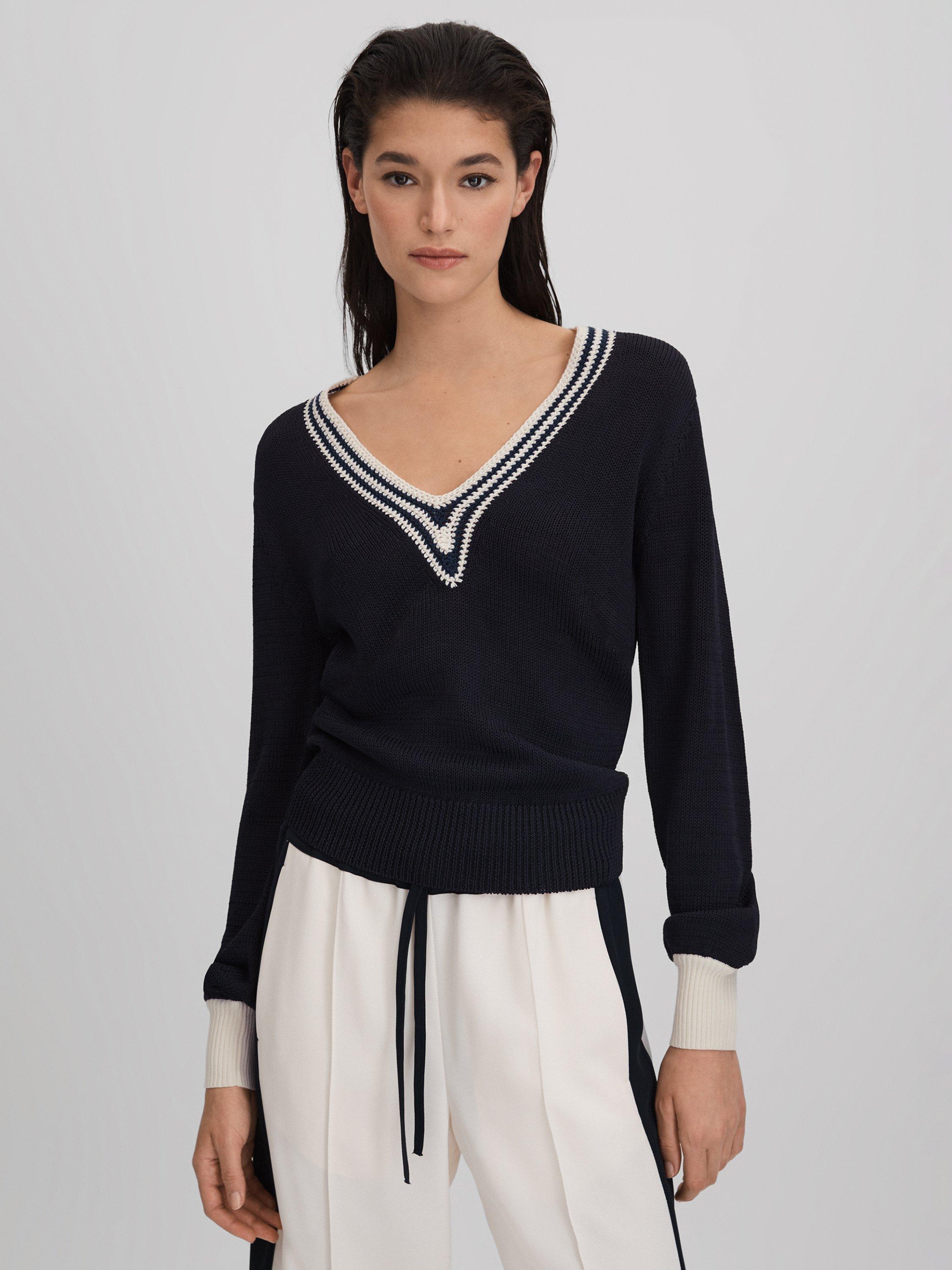 Reiss Tammy Stripe Trim V Nek Jumper, Navy/White