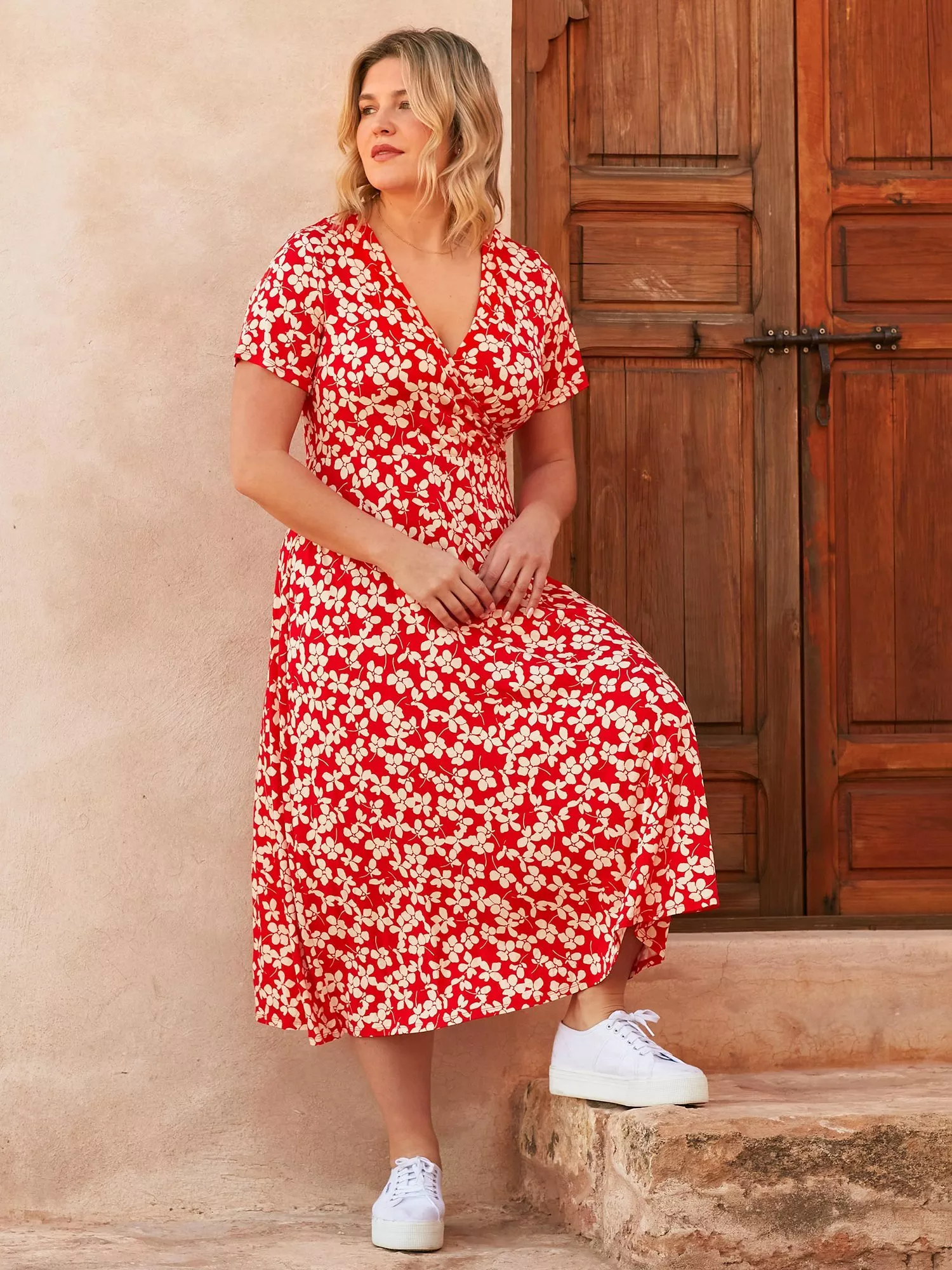Live Unlimited Curve Ditsy Print Jersey Wrap Midi Dress Red White