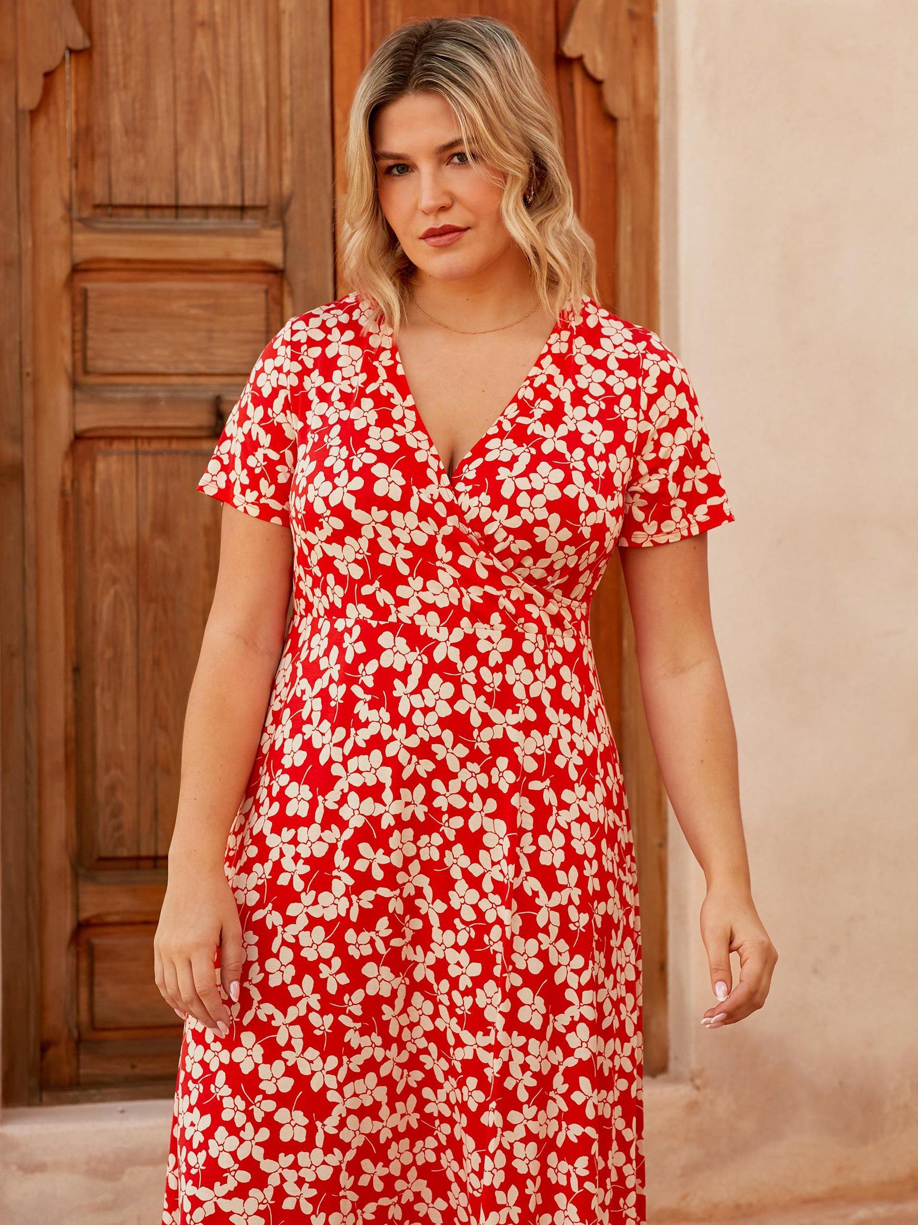 Live Unlimited Curve Ditsy Print Jersey Wrap Midi Dress Red White