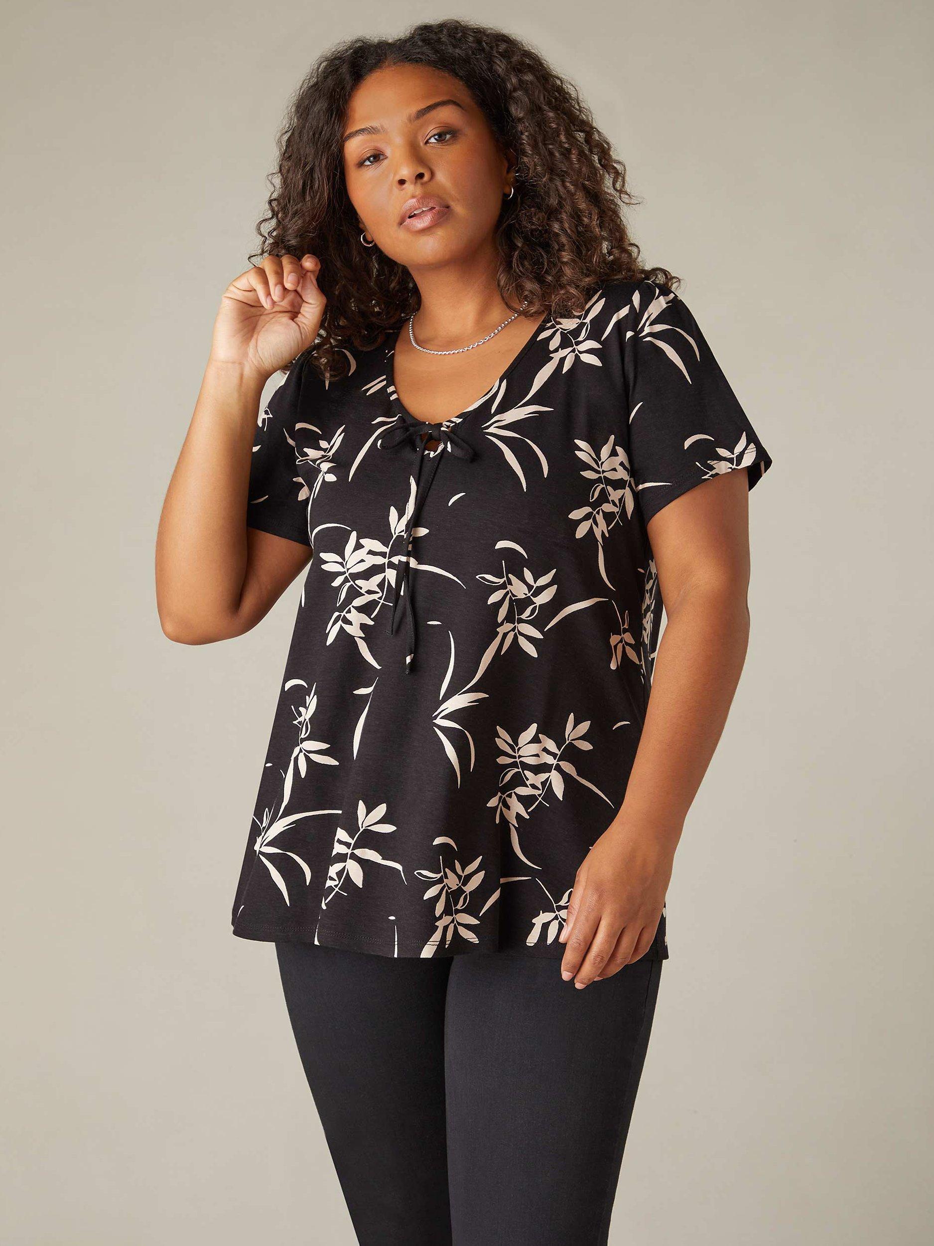 Product image 1 of 6, which shows Live Unlimited Curve Mono Floral Tie Front Top, Black, 22