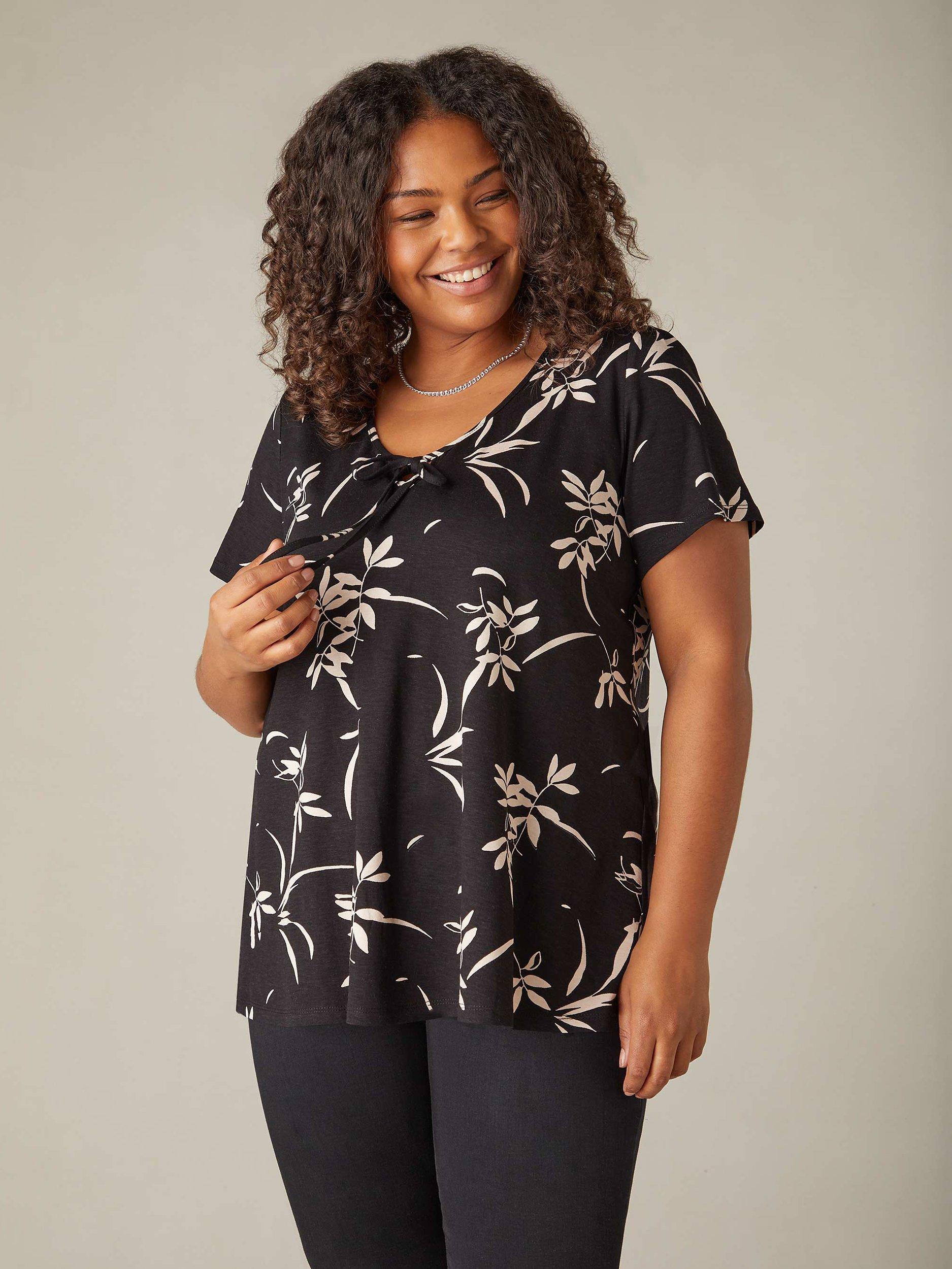 Product image 2 of 6, which shows Live Unlimited Curve Mono Floral Tie Front Top, Black, 22
