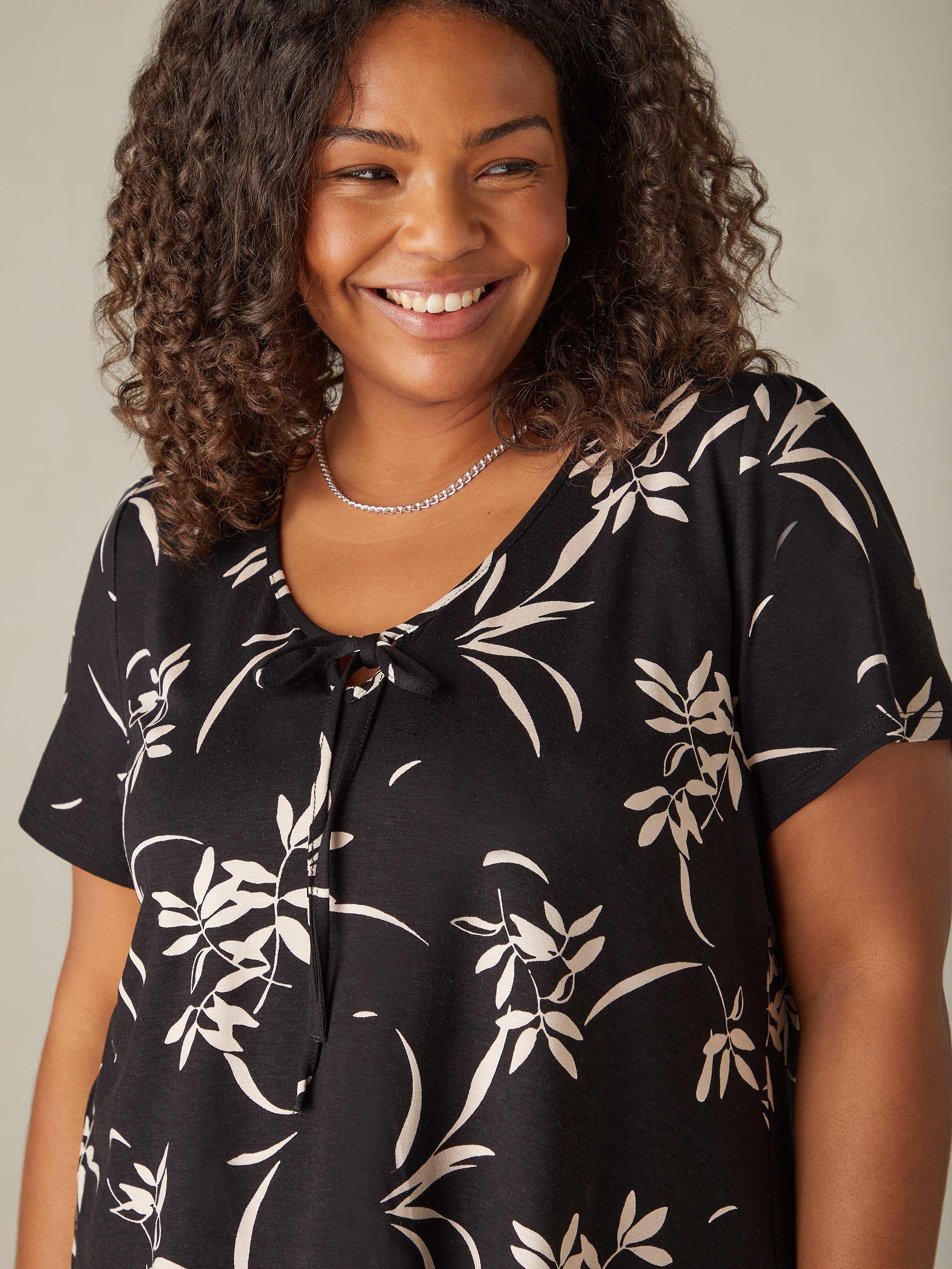 Product image 3 of 6, which shows Live Unlimited Curve Mono Floral Tie Front Top, Black, 22