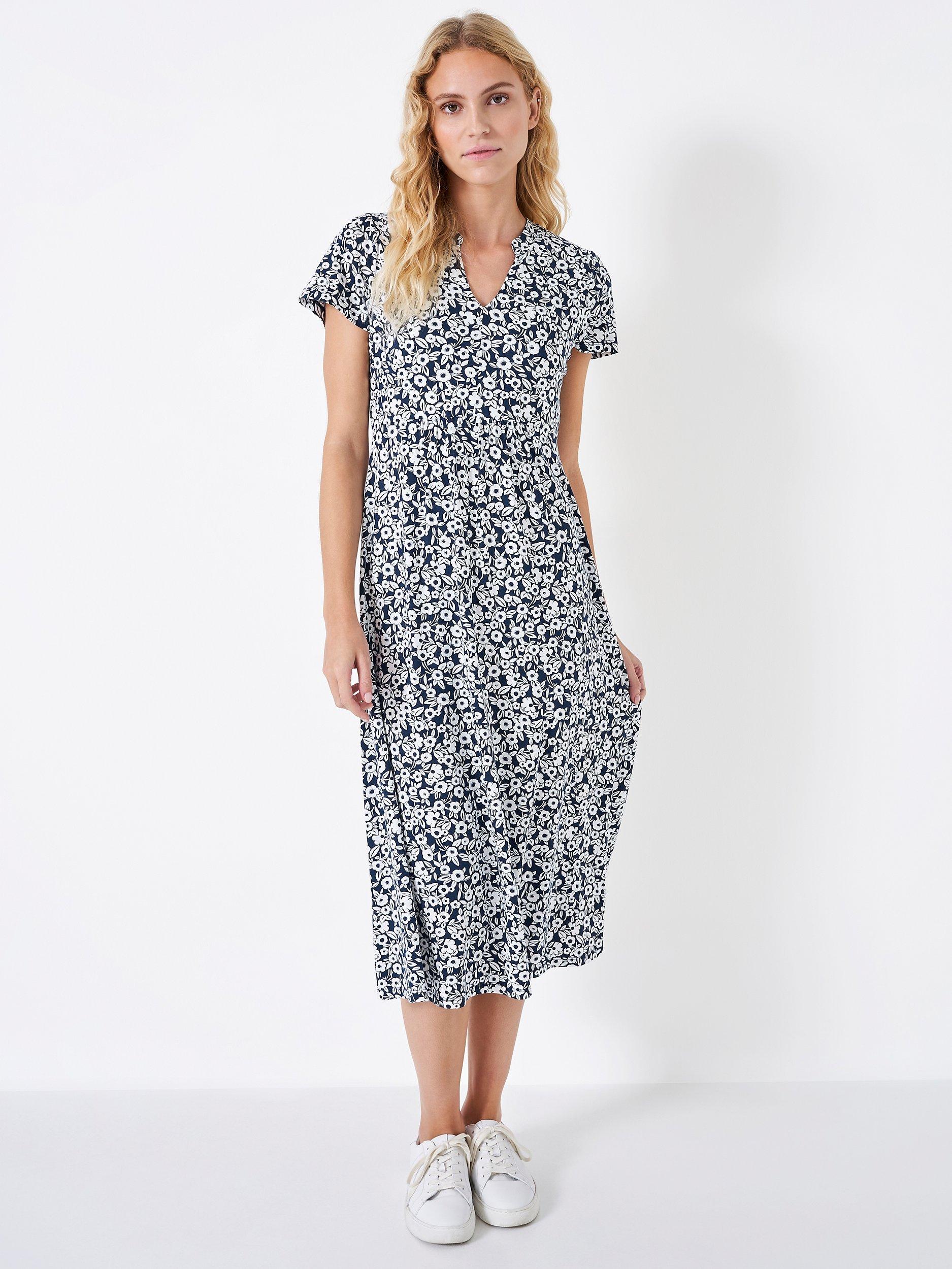 Crew Clothing Emi Print Short Sleeve Jersey Dress, White/Multi