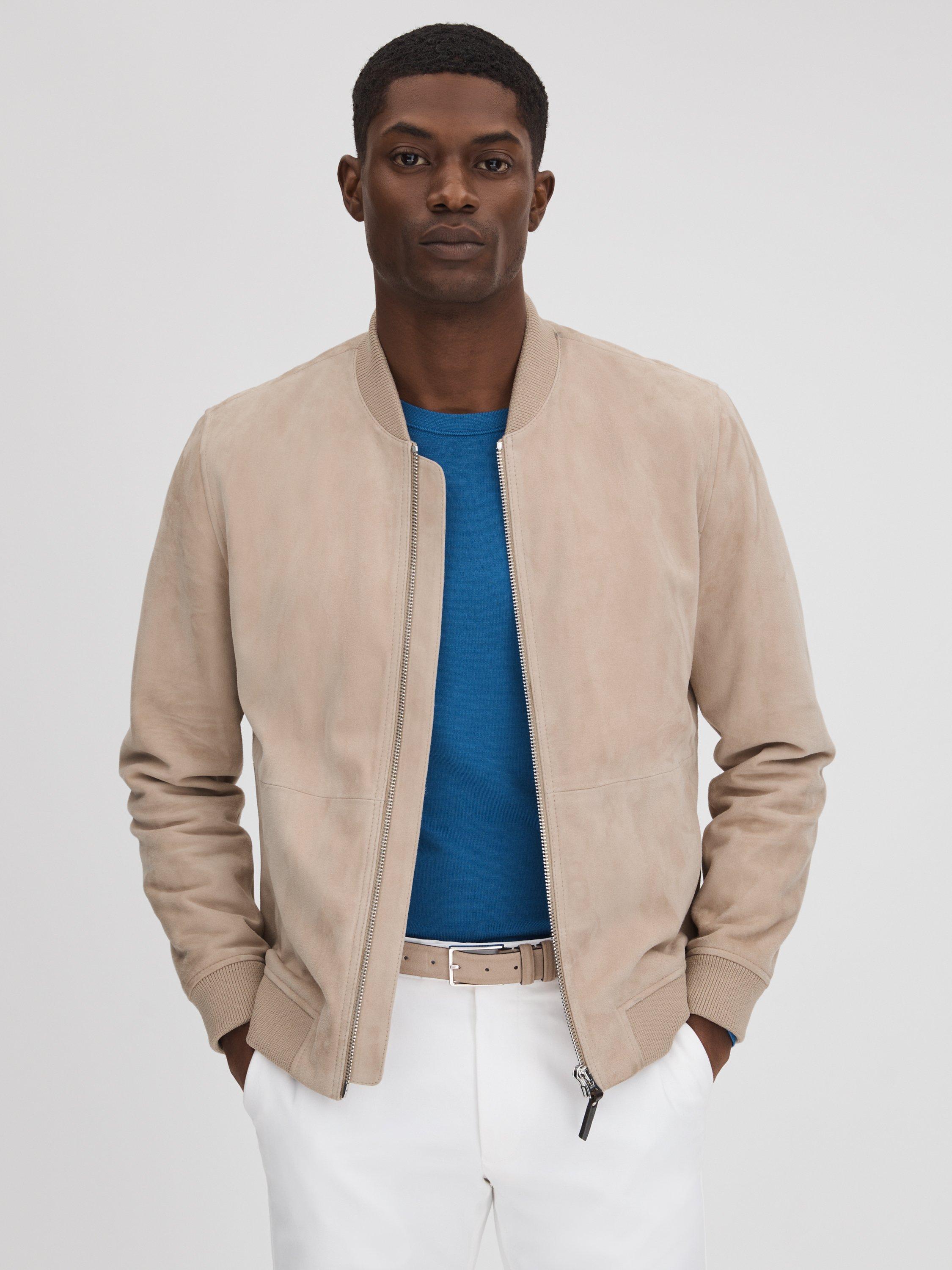 Reiss Dilan Long Sleeve Suede Zip Through Jacket, Stone