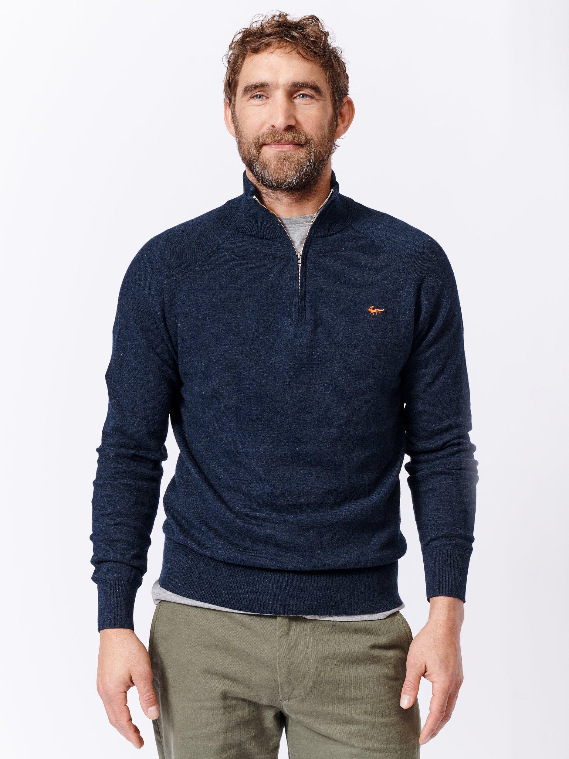 Product image 1 of 7, which shows Aubin Bonby Zip Neck Cotton Jumper, Navy, S