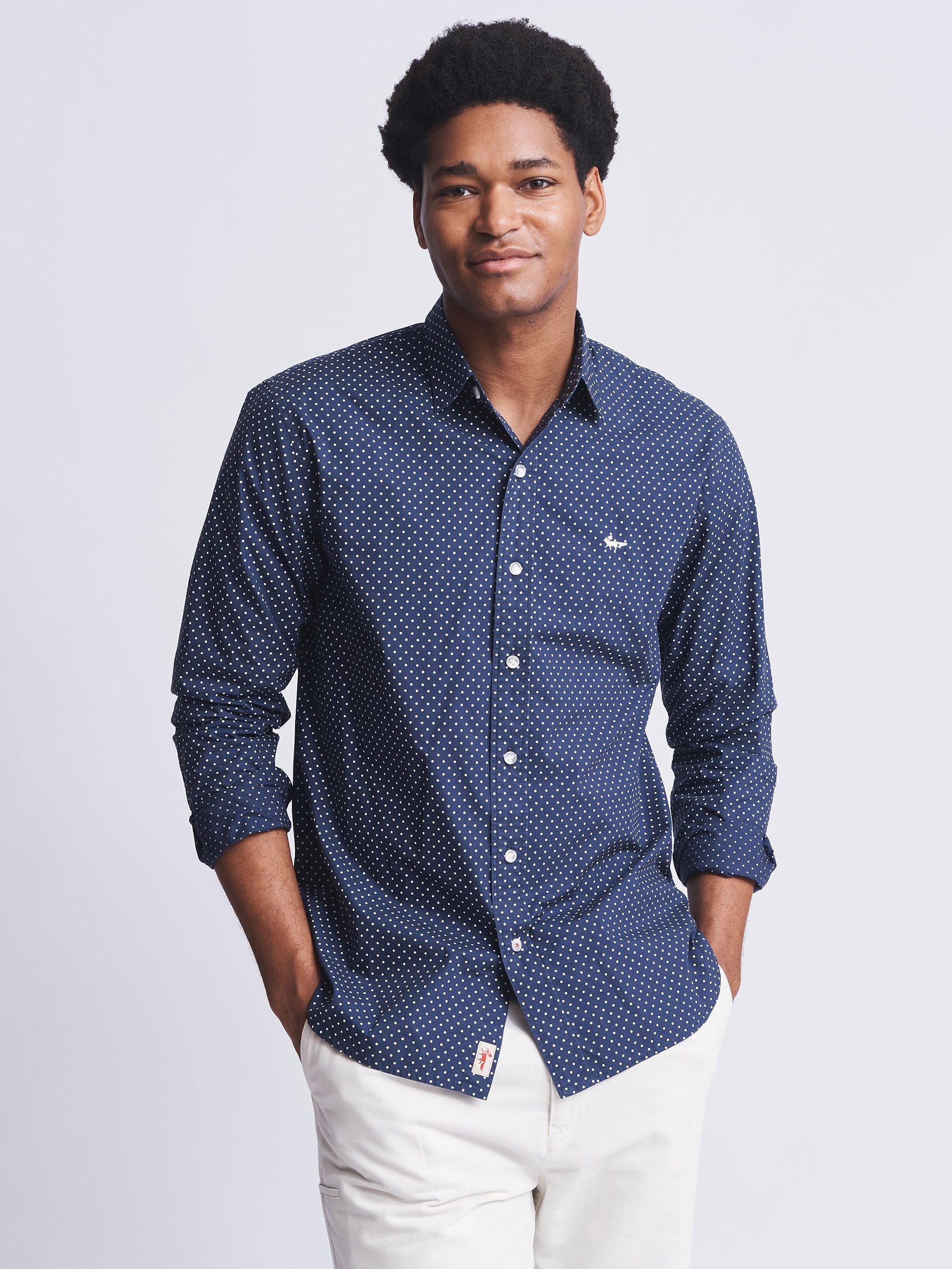 Aubin Bridges Cotton Poplin Long Sleeve Shirt, Indigo Dot