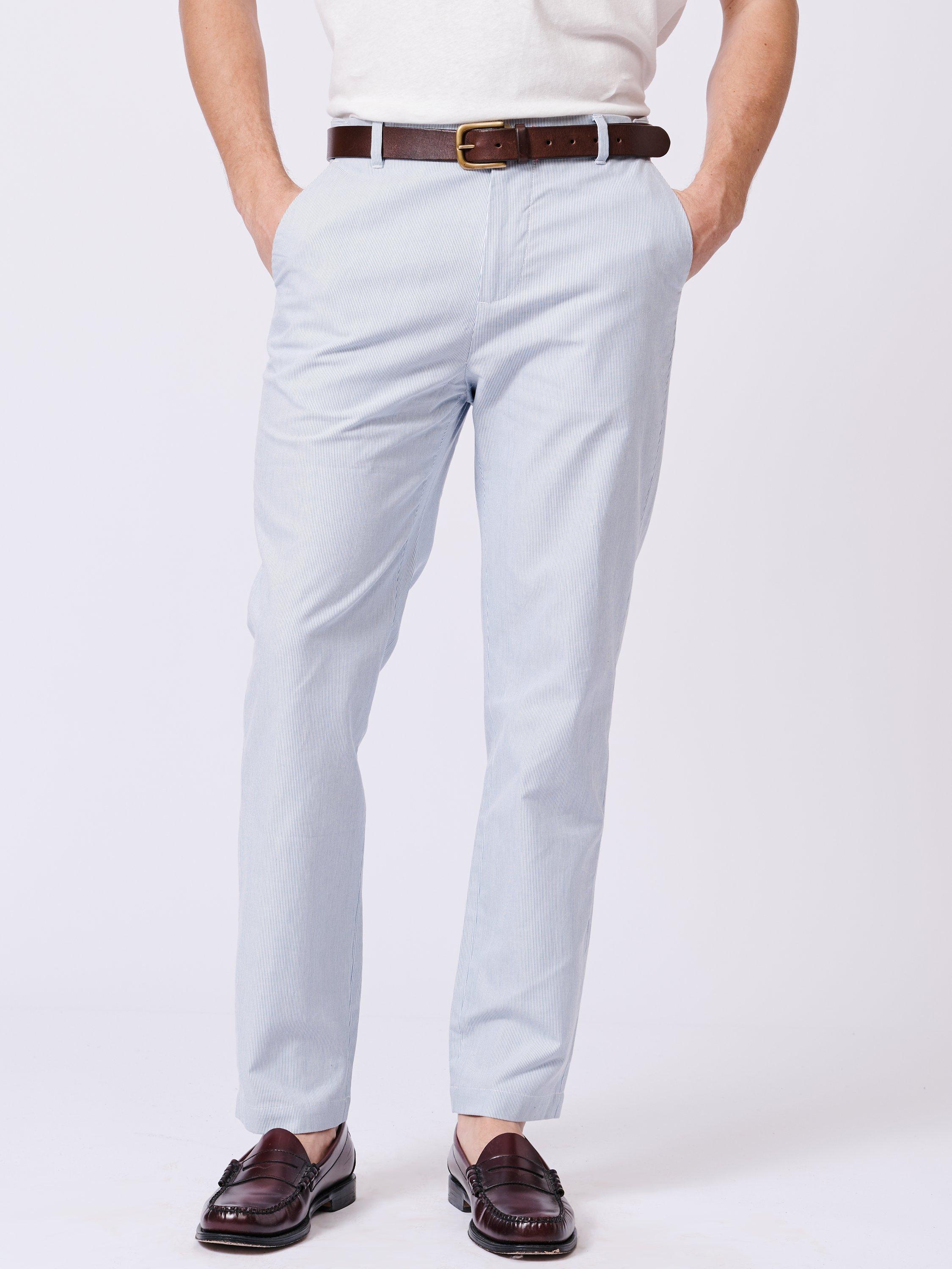 Product image 1 of 8, which shows Aubin Owsten Cotton Straight Fit Stripe Trousers, Blue/White, 32R