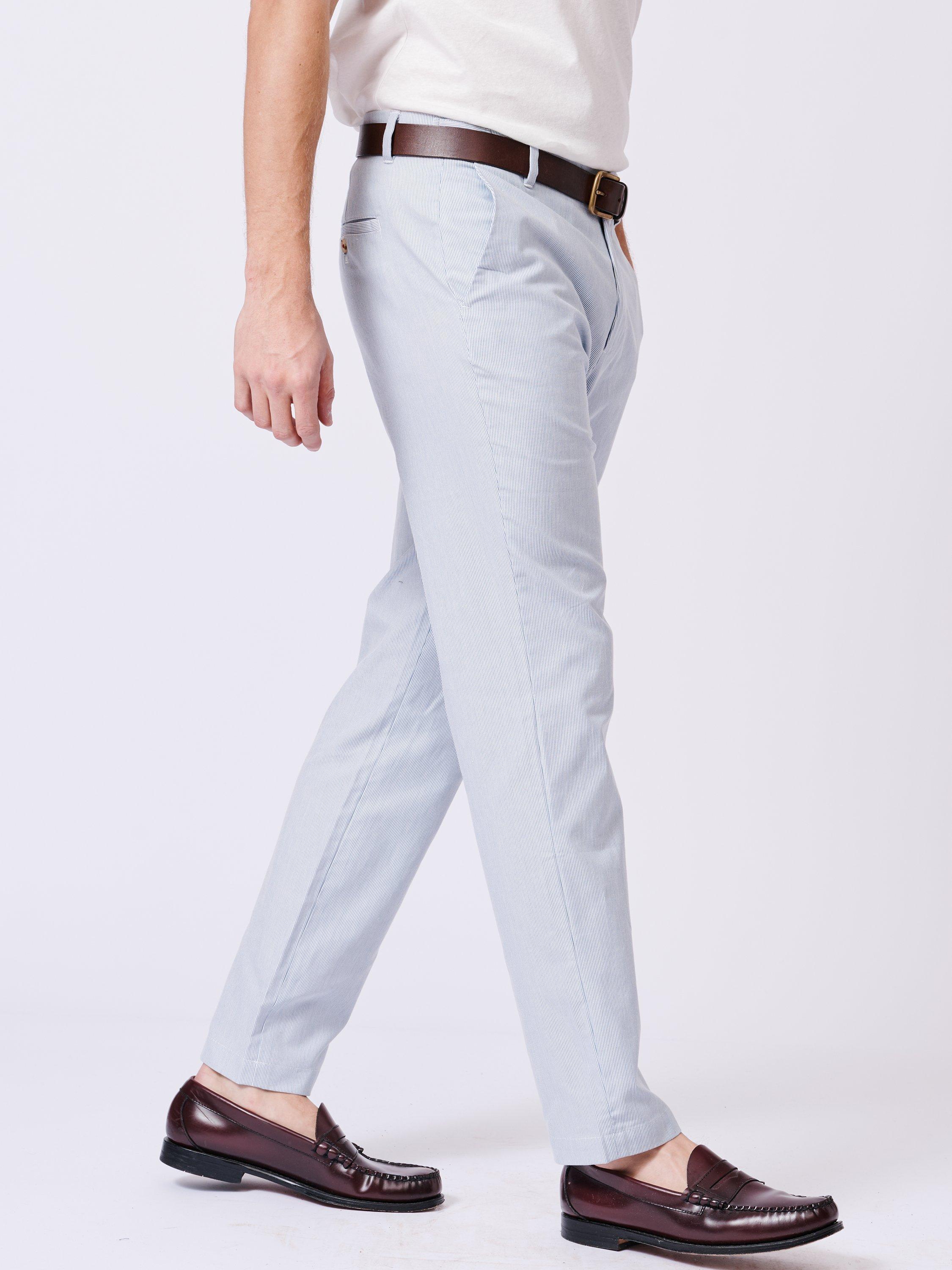 Product image 3 of 8, which shows Aubin Owsten Cotton Straight Fit Stripe Trousers, Blue/White, 32R