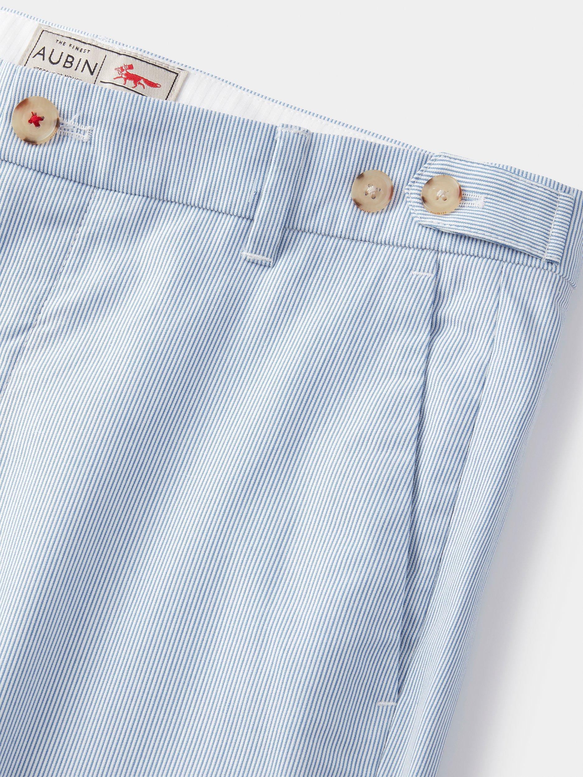 Product image 5 of 8, which shows Aubin Owsten Cotton Straight Fit Stripe Trousers, Blue/White, 32R