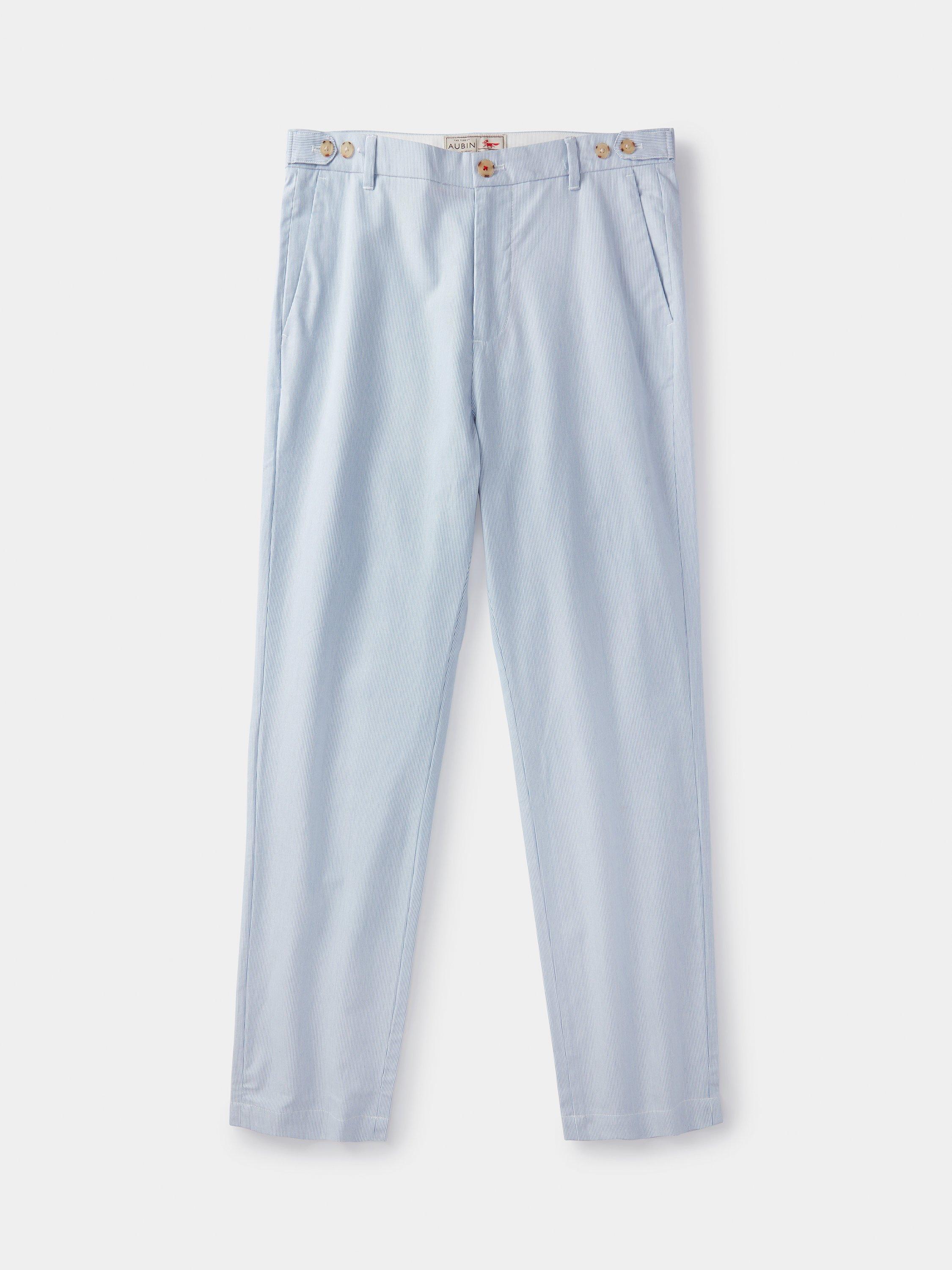 Product image 6 of 8, which shows Aubin Owsten Cotton Straight Fit Stripe Trousers, Blue/White, 32R