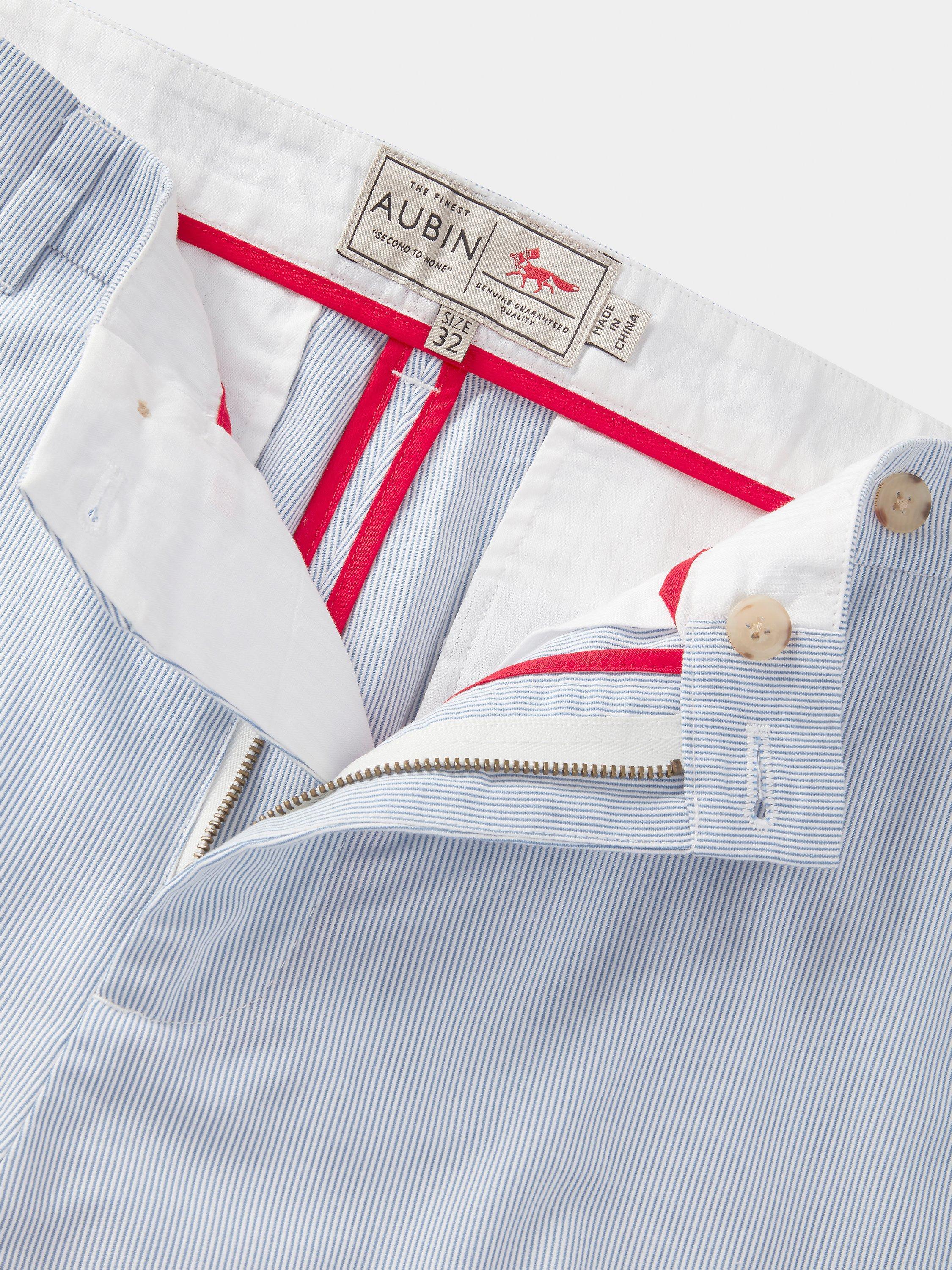 Product image 7 of 8, which shows Aubin Owsten Cotton Straight Fit Stripe Trousers, Blue/White, 32R