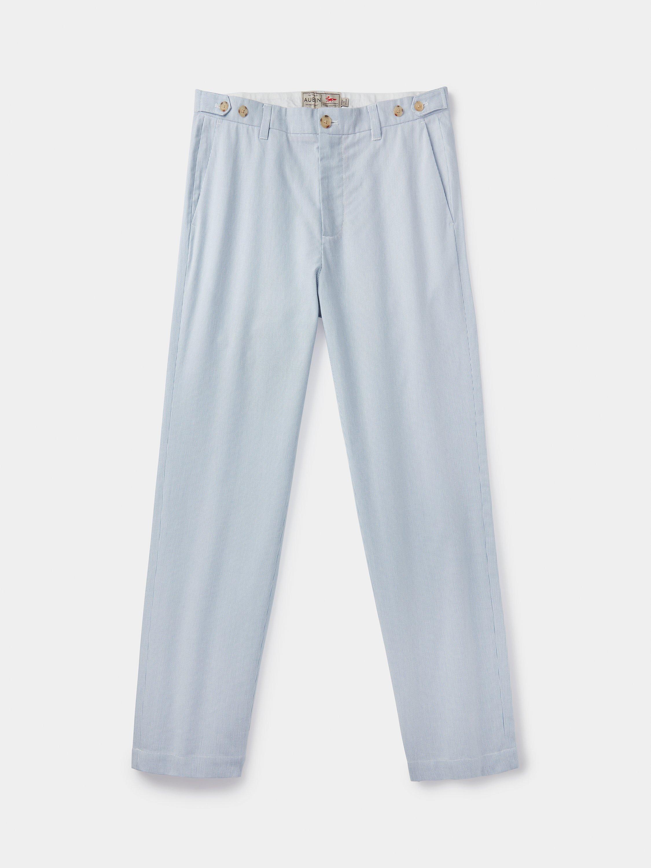 Product image 8 of 8, which shows Aubin Owsten Cotton Straight Fit Stripe Trousers, Blue/White, 32R