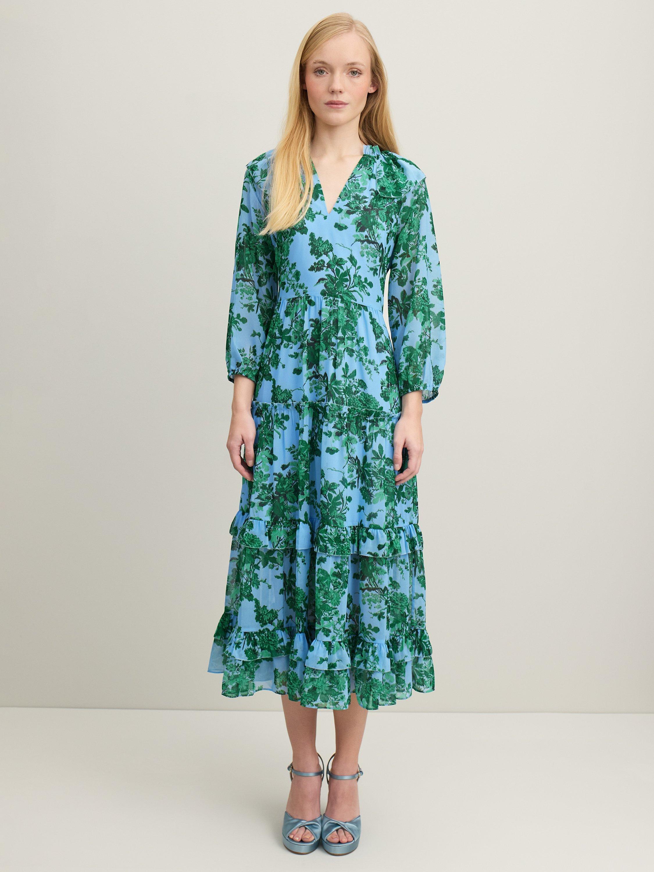 L.K.Bennett Eleanor Midi Floral Dress, Green/Blue, 6