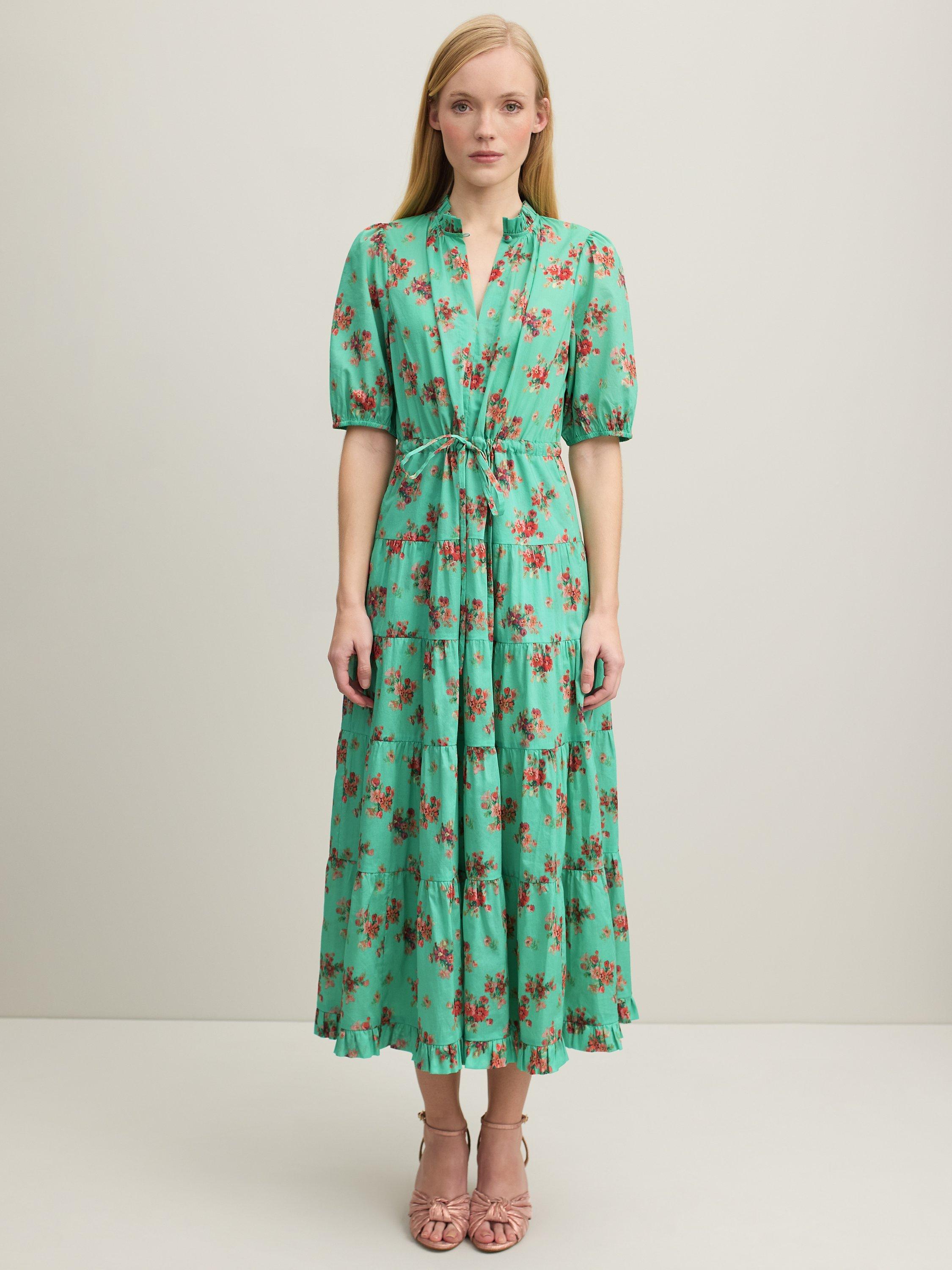 L.K.Bennett Hedy Floral Bouquet Print Tiered Midi Dress Green Multi