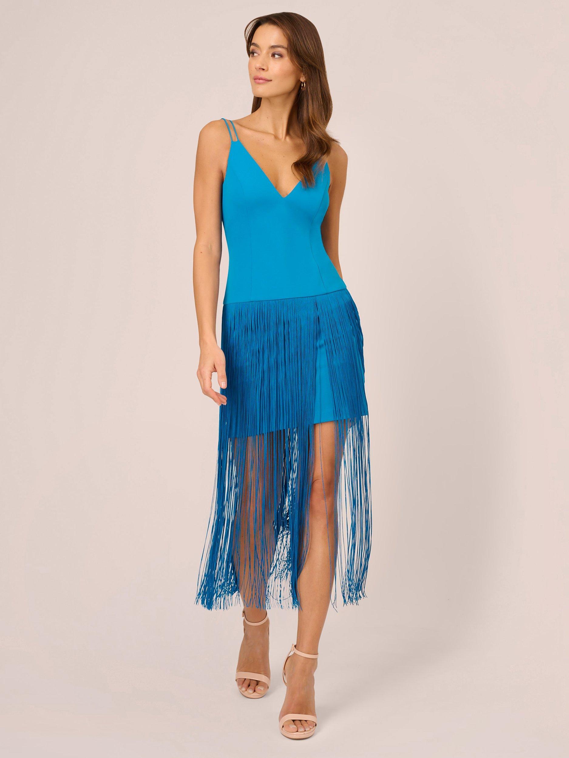 Adrianna by Adrianna Papell Knit Crepe Fringe Dress, Deep Cerulean