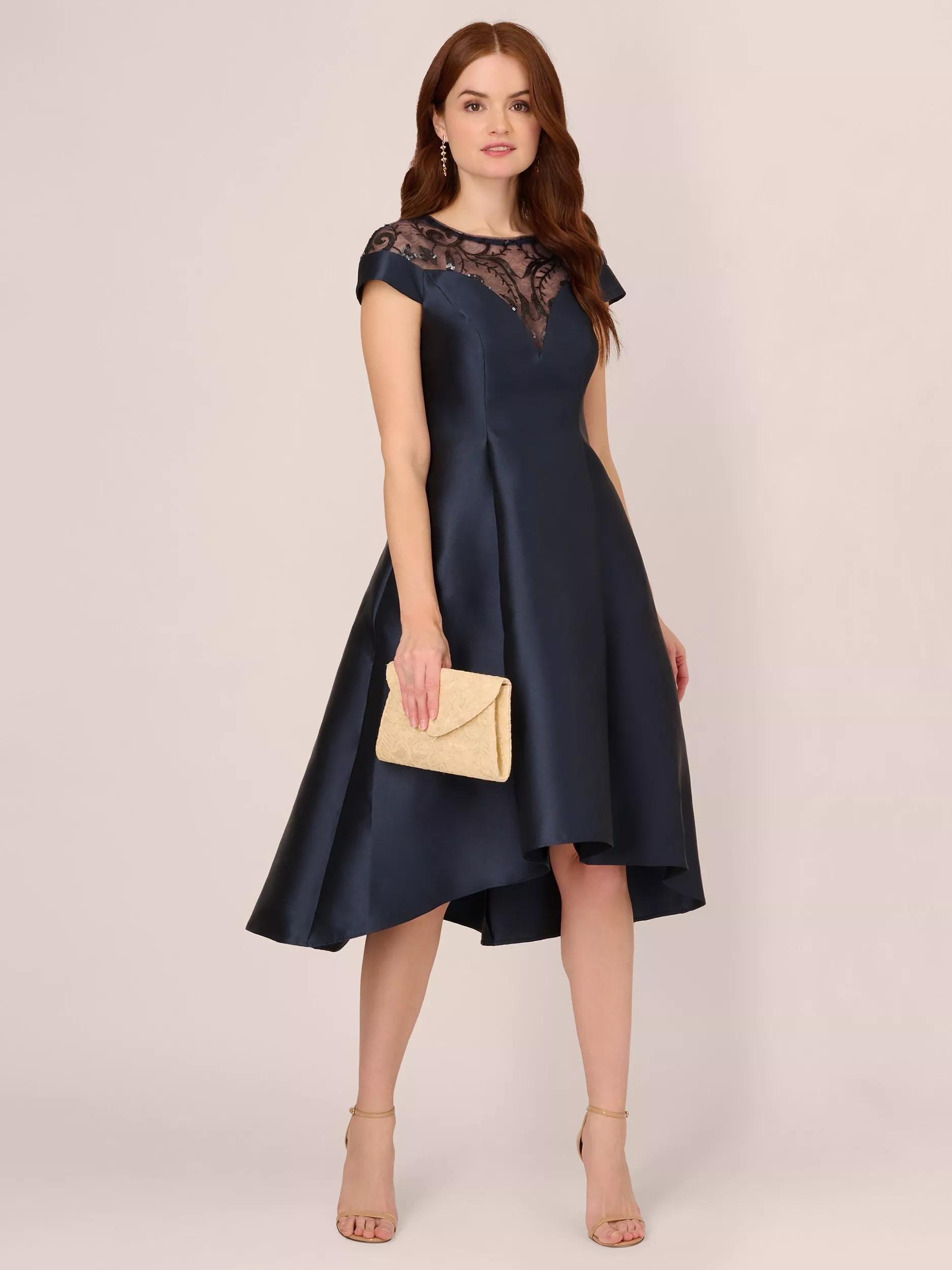 knee length dresses for ladies Black Sleeveless Mikado Fit And Flare Midi Dress With V-Back