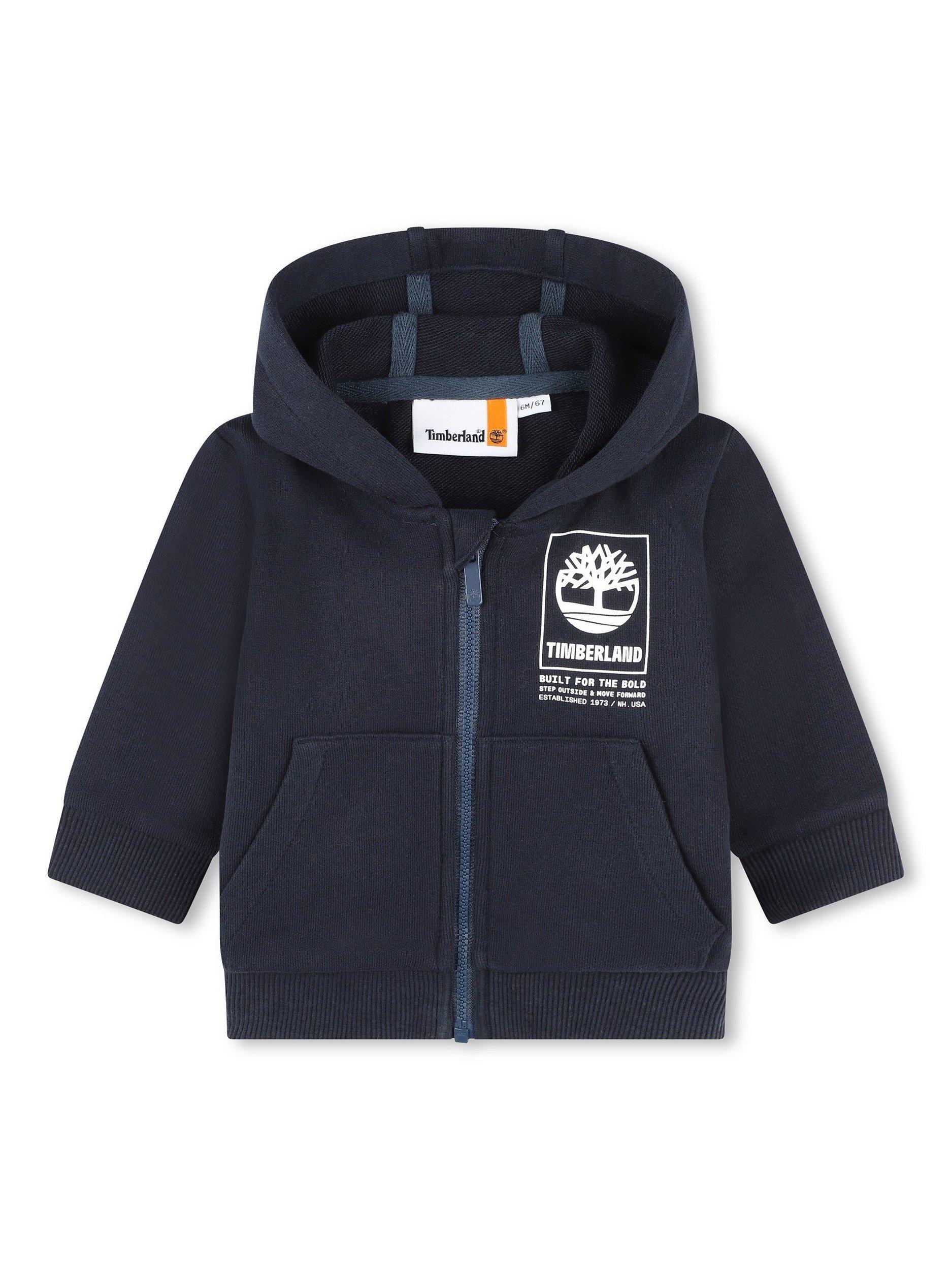 Timberland Baby Logo French Terry Zip Through Hooded Cardigan, Navy