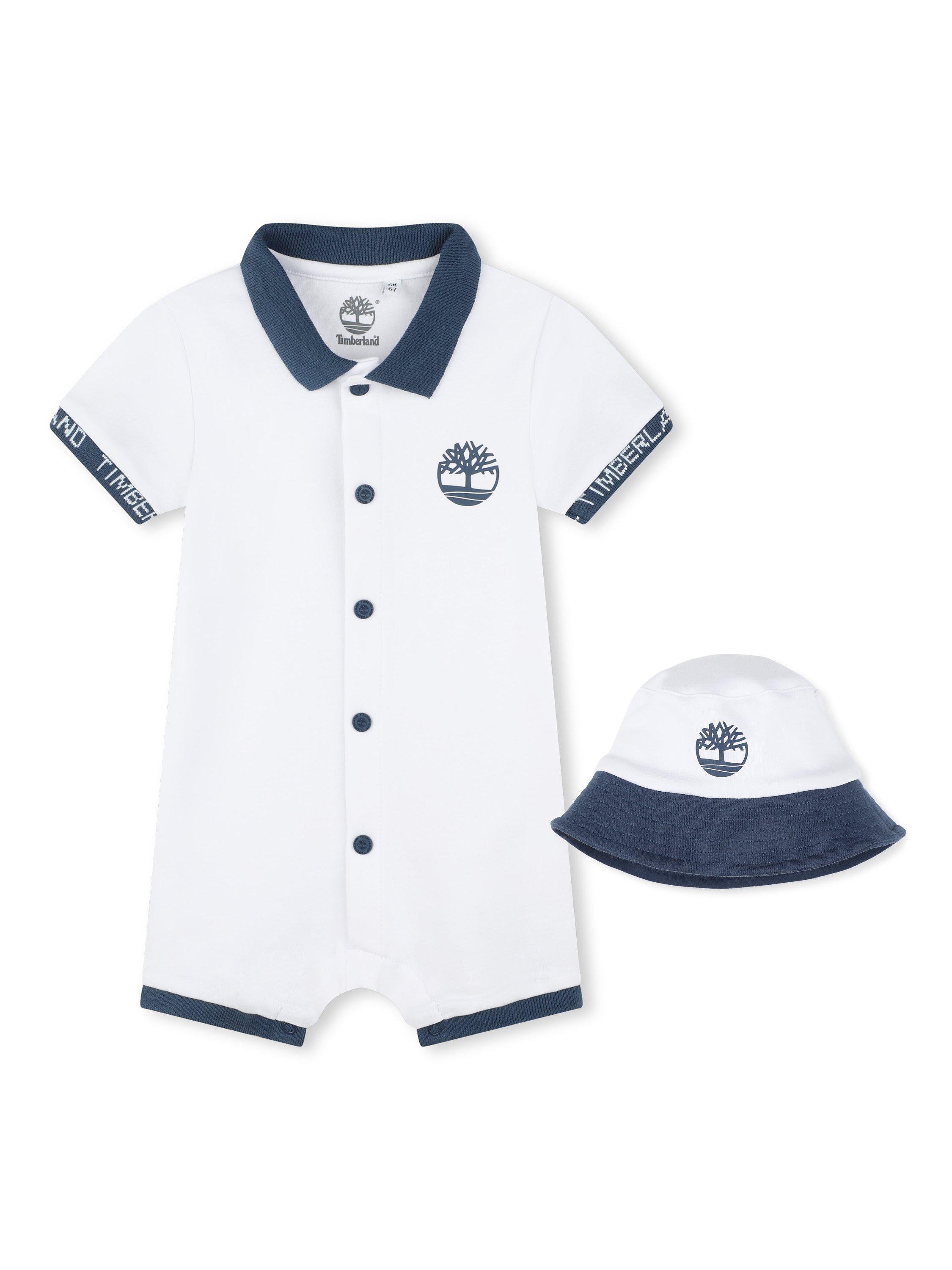 Timberland Baby Overalls & Reversible Hat Set, White/Navy