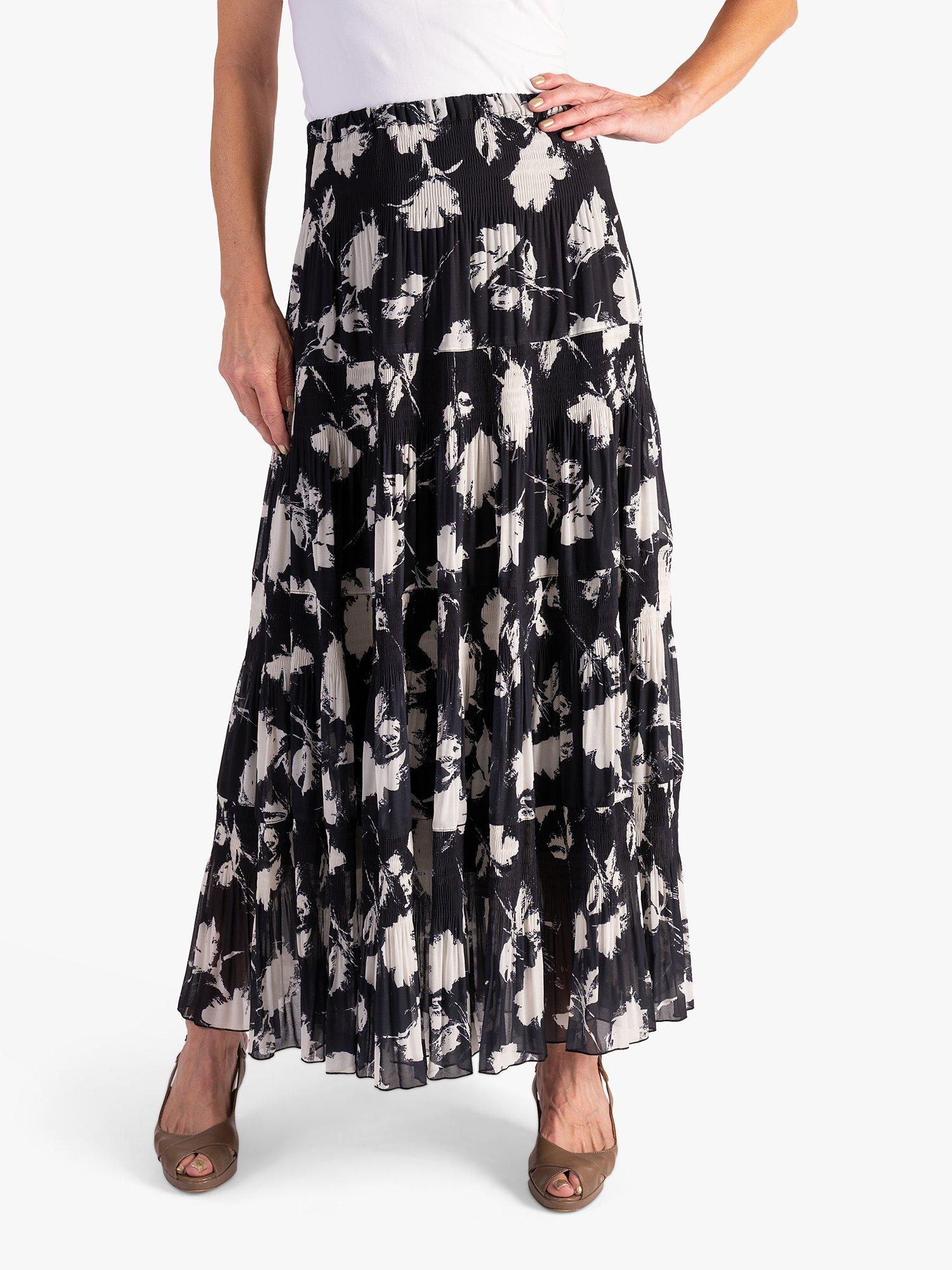 chesca Floral Print Pleated Tiered Maxi Skirt Black White