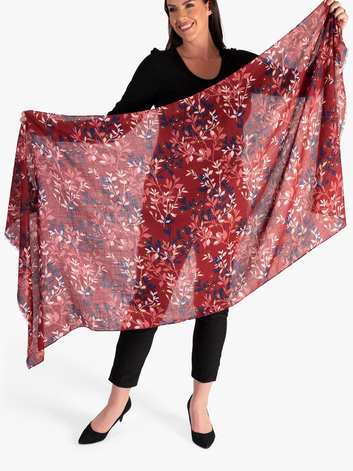 Product image 5 of 6, which shows chesca Leaf Print Scarf, Berry/Multi, One Size