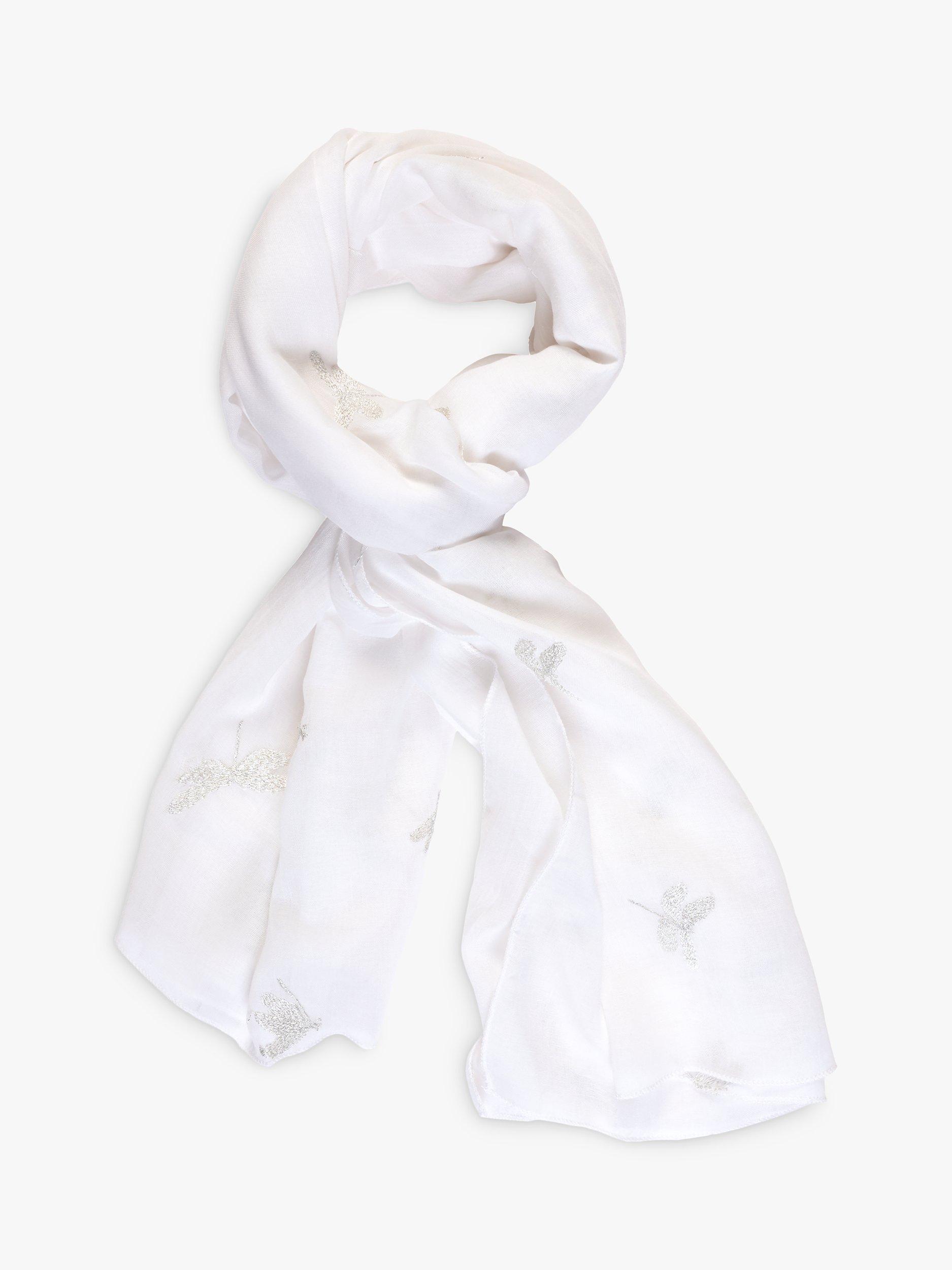 chesca Voile Emboidered Dragonflies Scarf, White, One Size