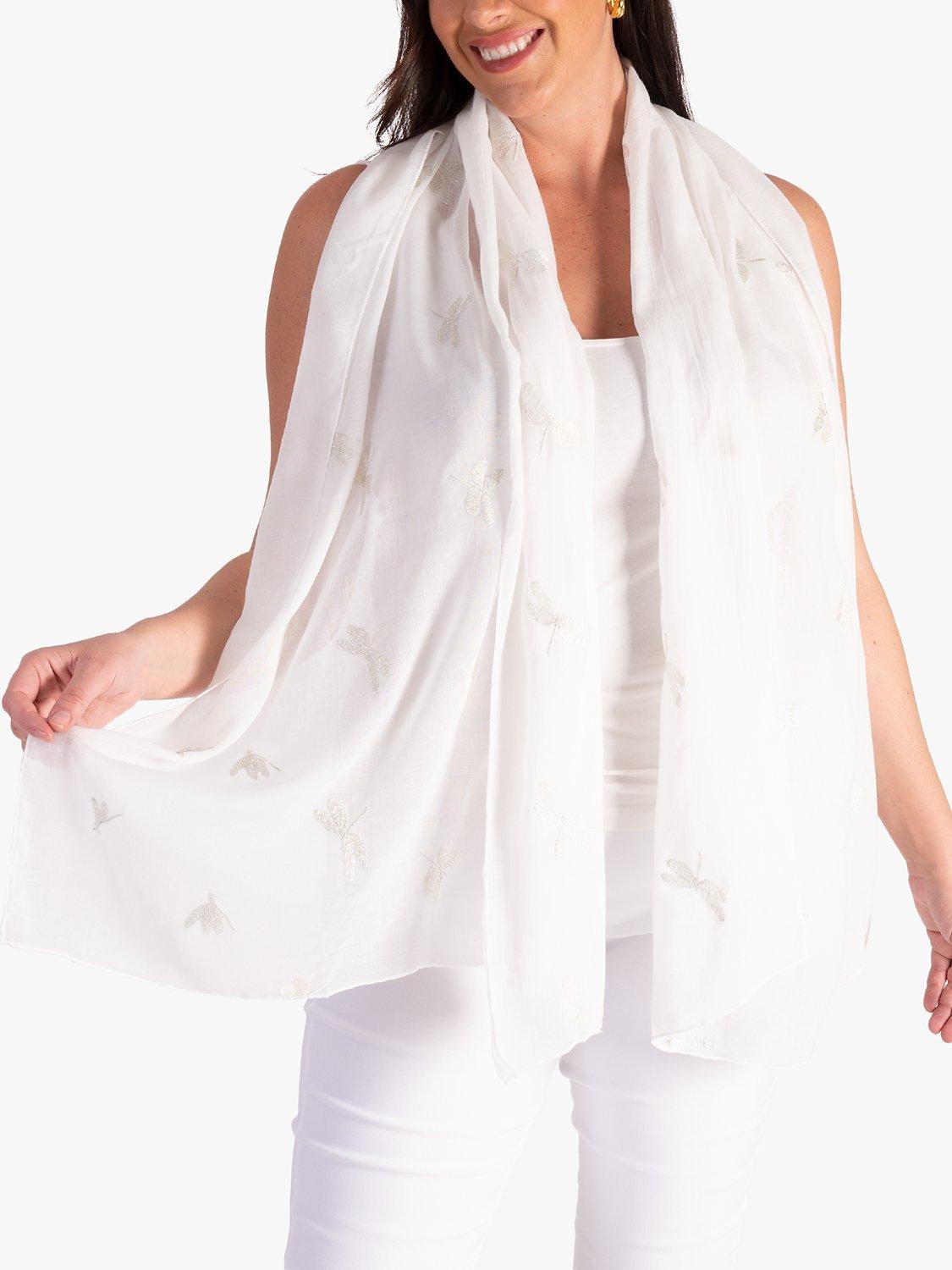 chesca Voile Emboidered Dragonflies Scarf, White, One Size