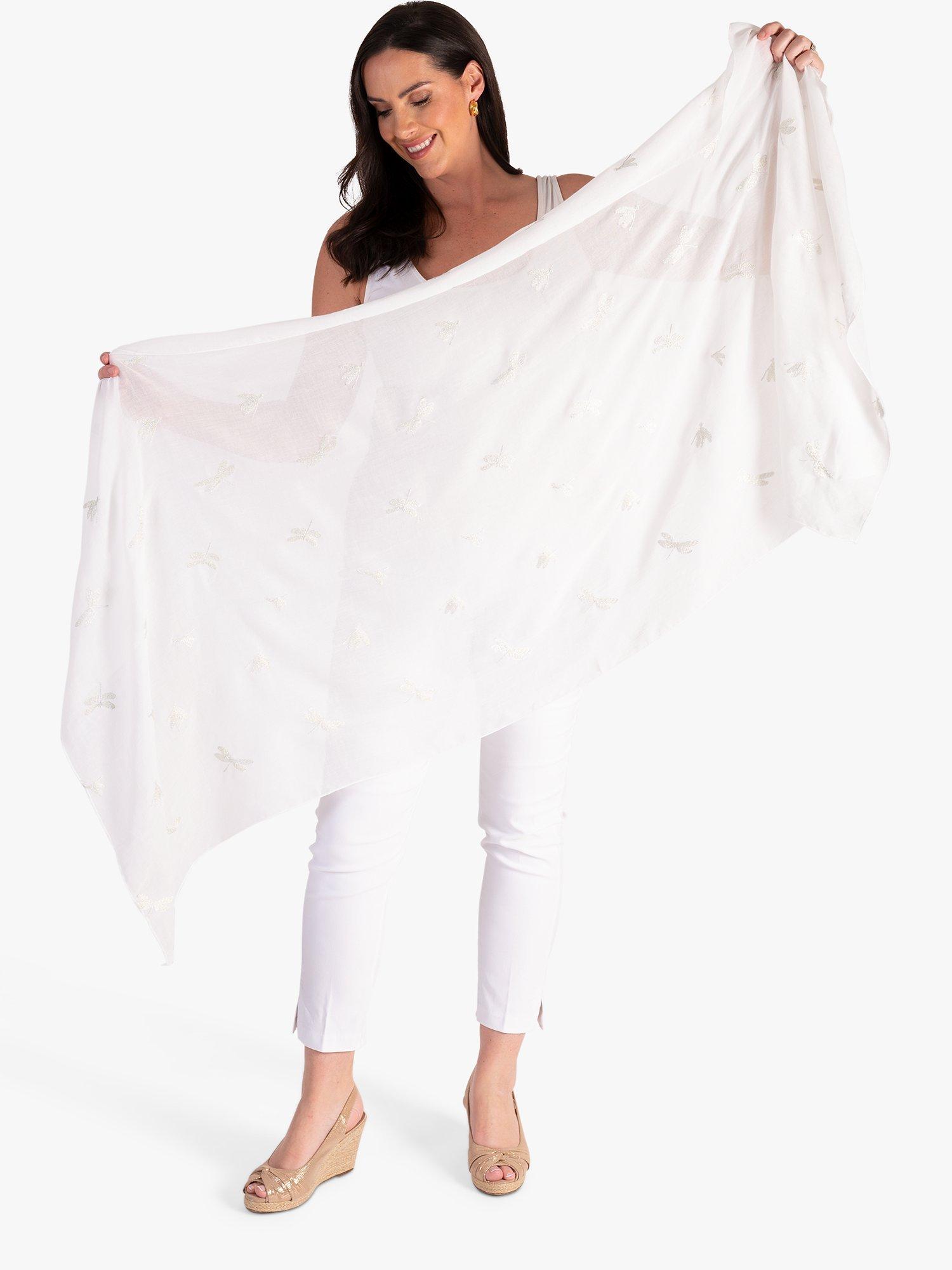 chesca Voile Emboidered Dragonflies Scarf, White, One Size