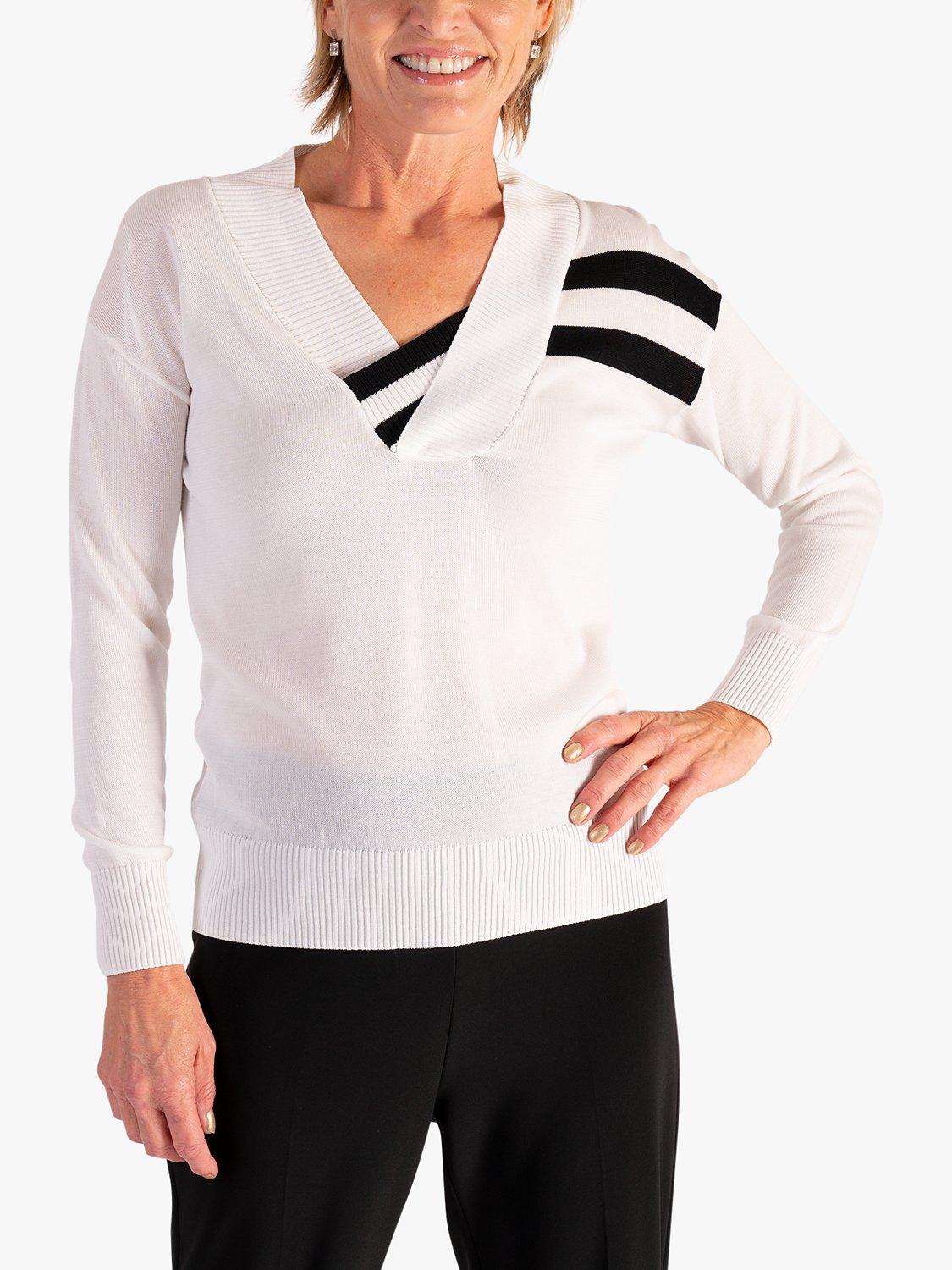 chesca Stripe Detail V Neck Jumper, White/Black