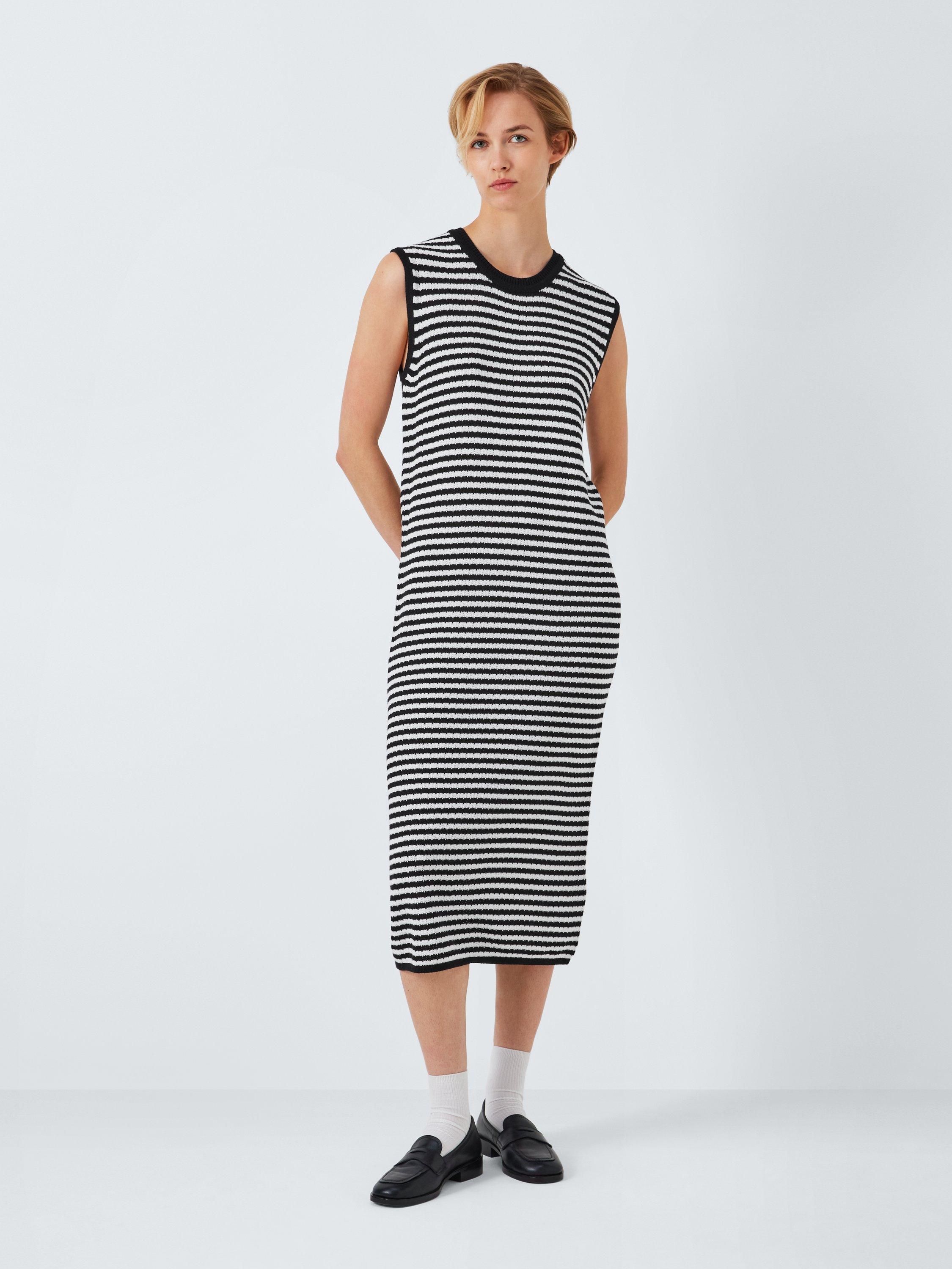 John Lewis ANYDAY Stripe Knit Midi Dress Black Cream