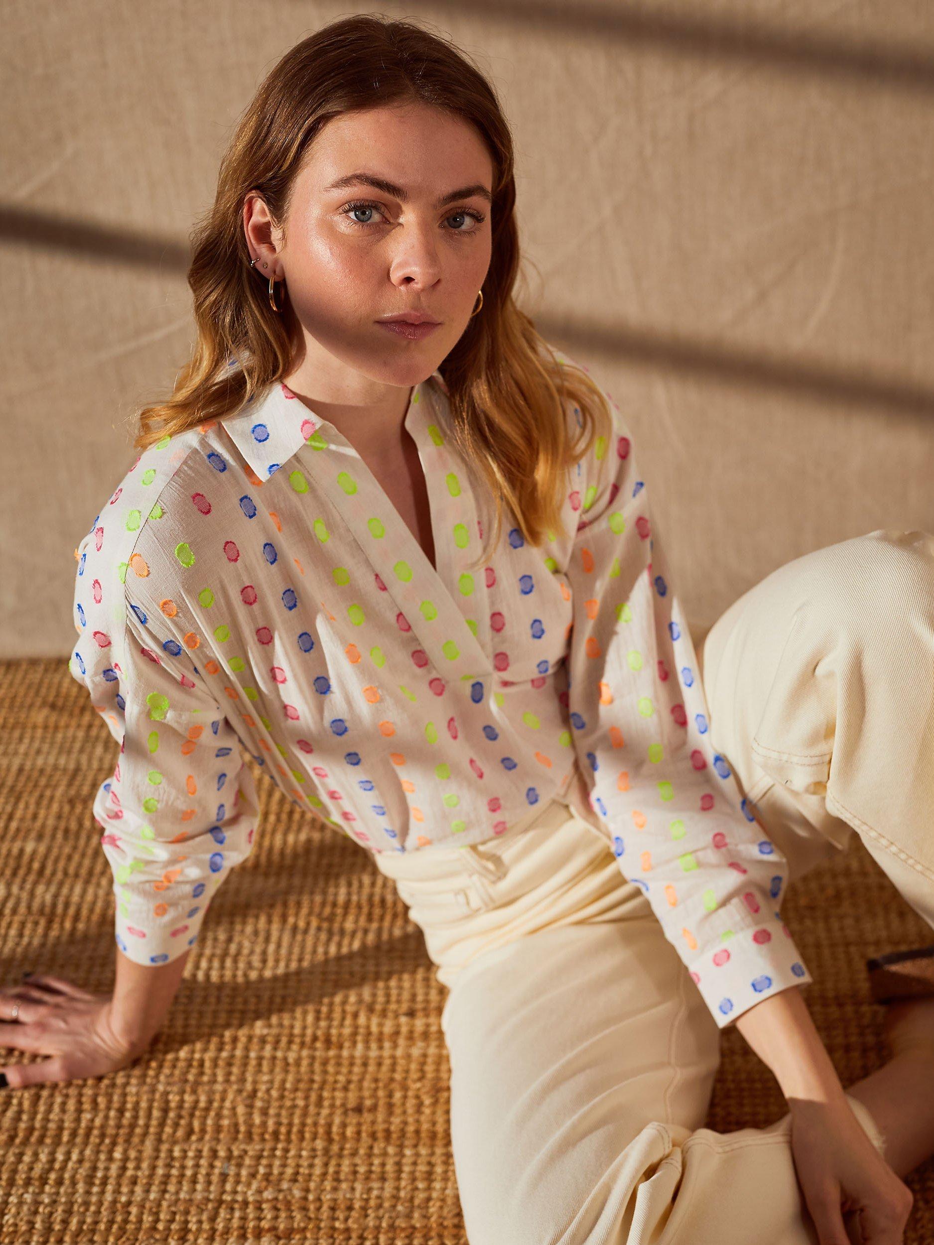 Cape Cove Dobby Spot Open Neck Blouse, Cream