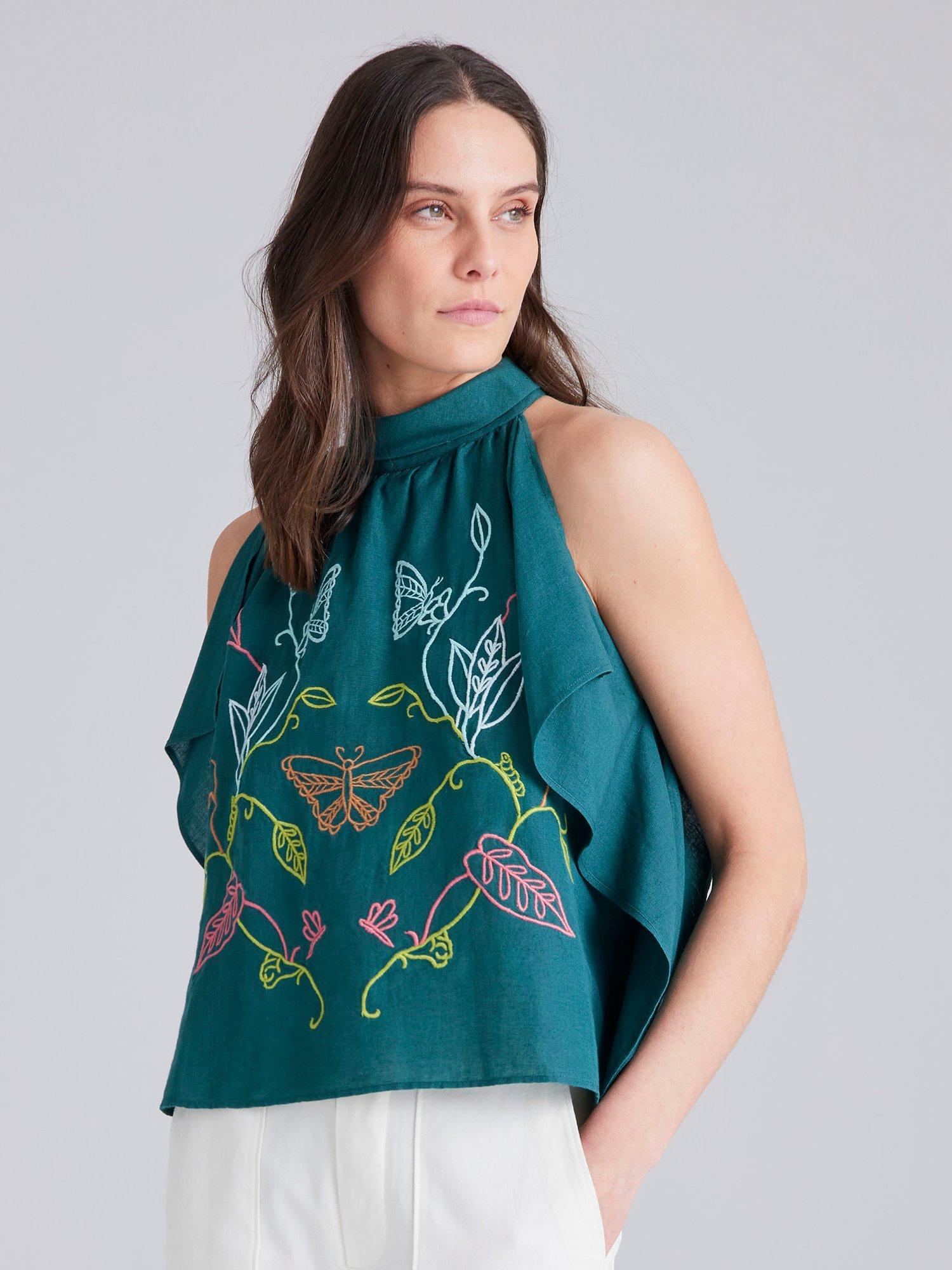 Cape Cove Embroidered Drape Linen Blend Halter Top, Dark Sea