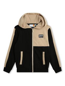 Timberland Kids' Logo Colour Block French Terry Zip Through Hooded Cardigan, Black/Multi, Black/Multi
