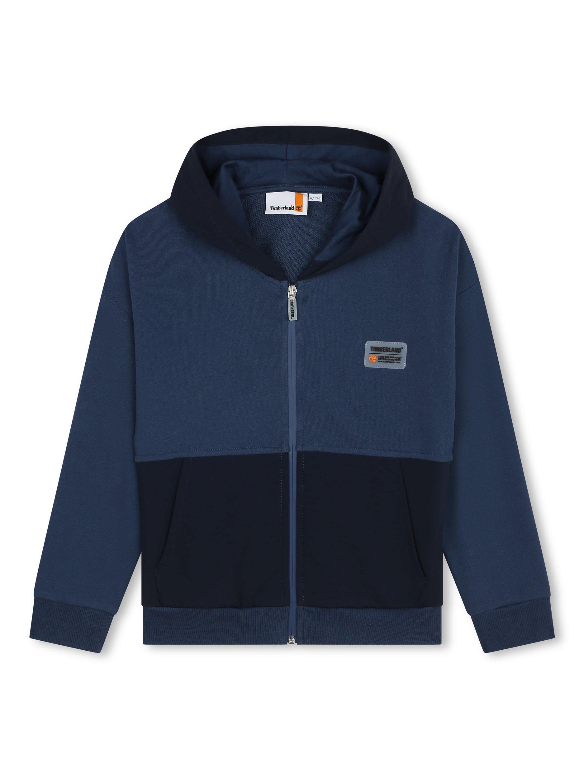 Product image 1 of 2, which shows Timberland Kids' Logo French Terry Hooded Zip Through Cardigan, Blue/Multi, 4 years