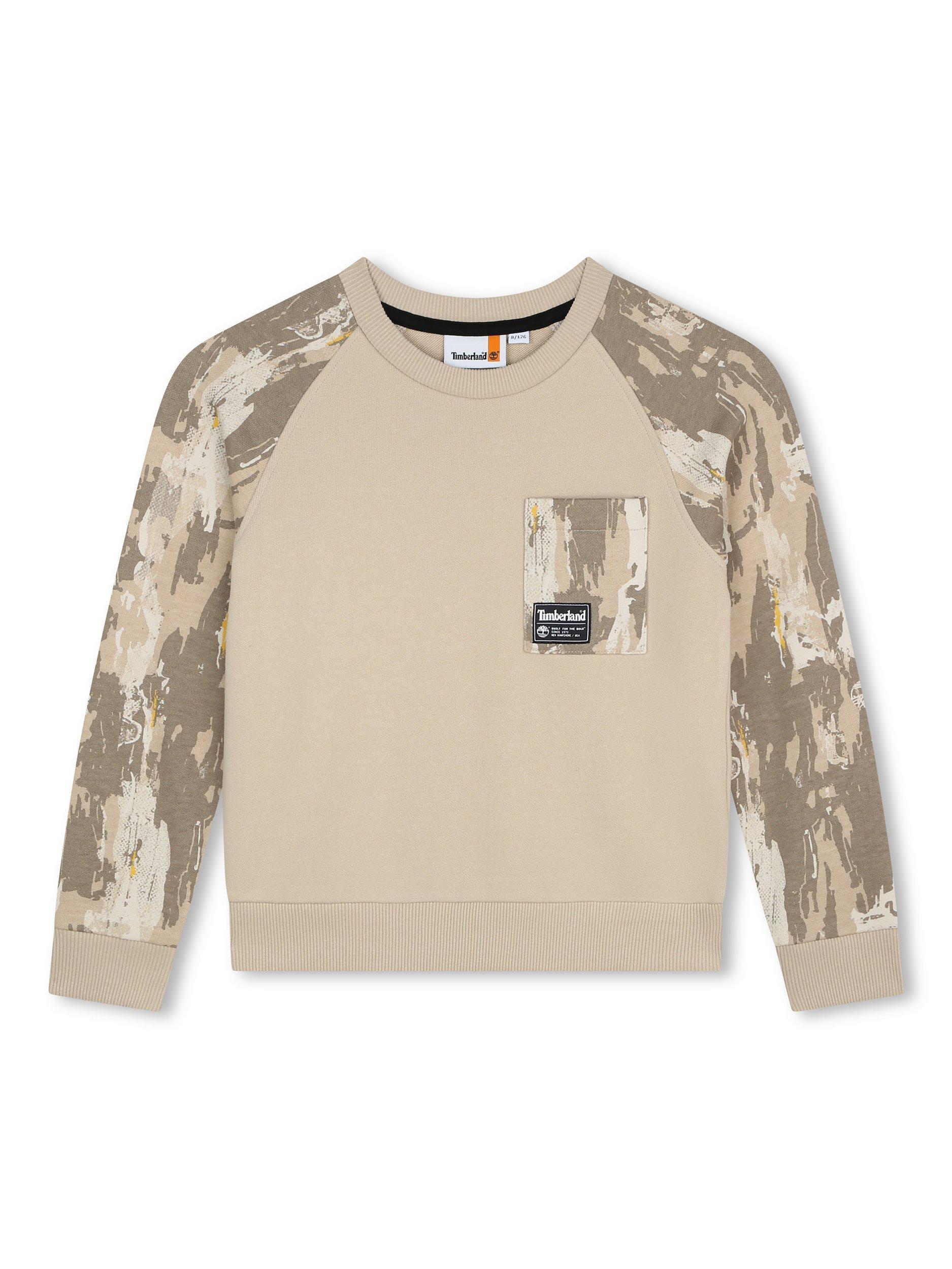 Product image 1 of 2, which shows Timberland Kids' Logo Abstract Pocket Detail French Terry Sweatshirt, Natural, 4 years