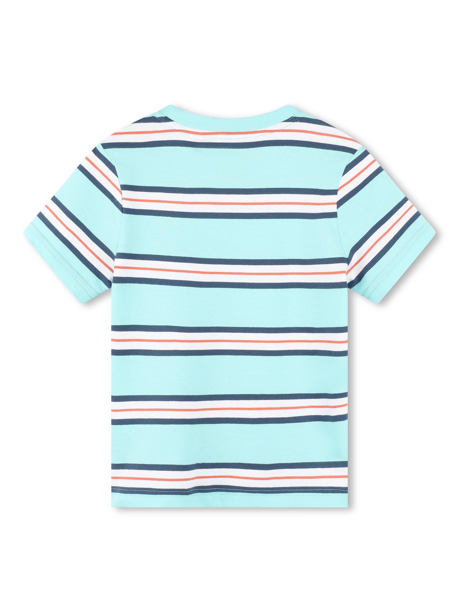Product image 1 of 2, which shows Timberland Kids' Logo Stripe Short Sleeve T-Shirt, Blue/Multi, 4 years