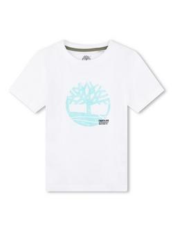 Timberland Kids' Graphic Logo Short Sleeve T-Shirt, White/Blue, White/Blue