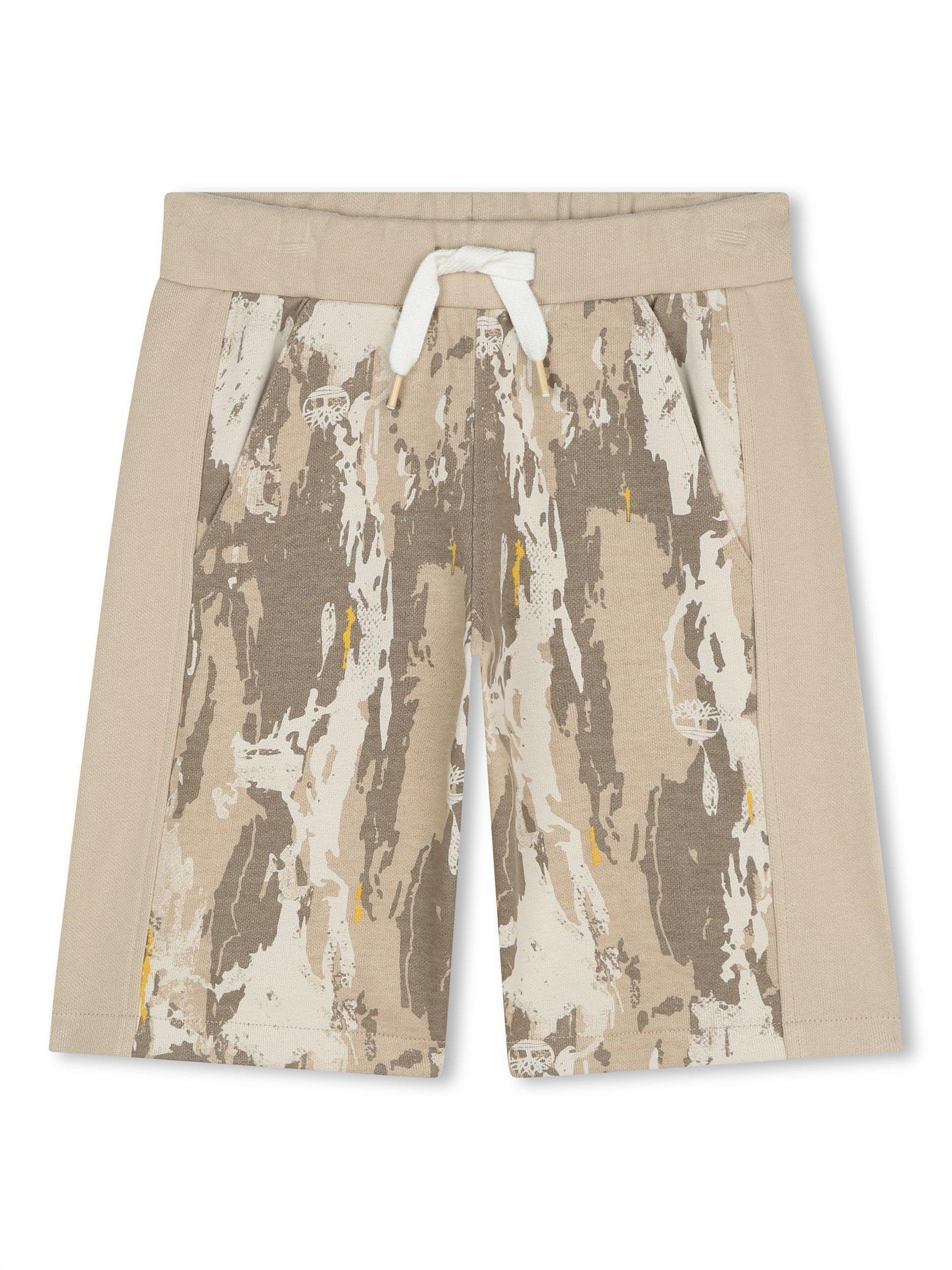 Product image 1 of 2, which shows Timberland Kids' Logo Abstract Print French Terry Track Bermuda Shorts, Neutral, 4 years