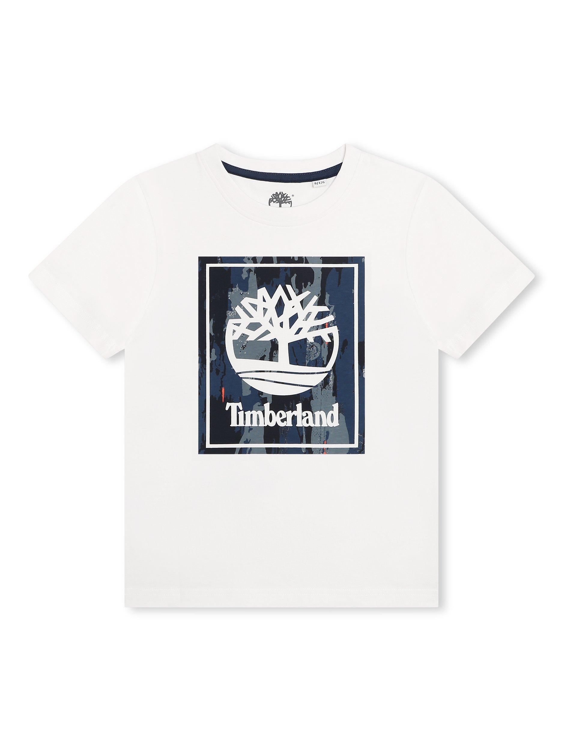 Product image 1 of 3, which shows Timberland Kids' Logo Abstract Print T-Shirt, White, 4 years