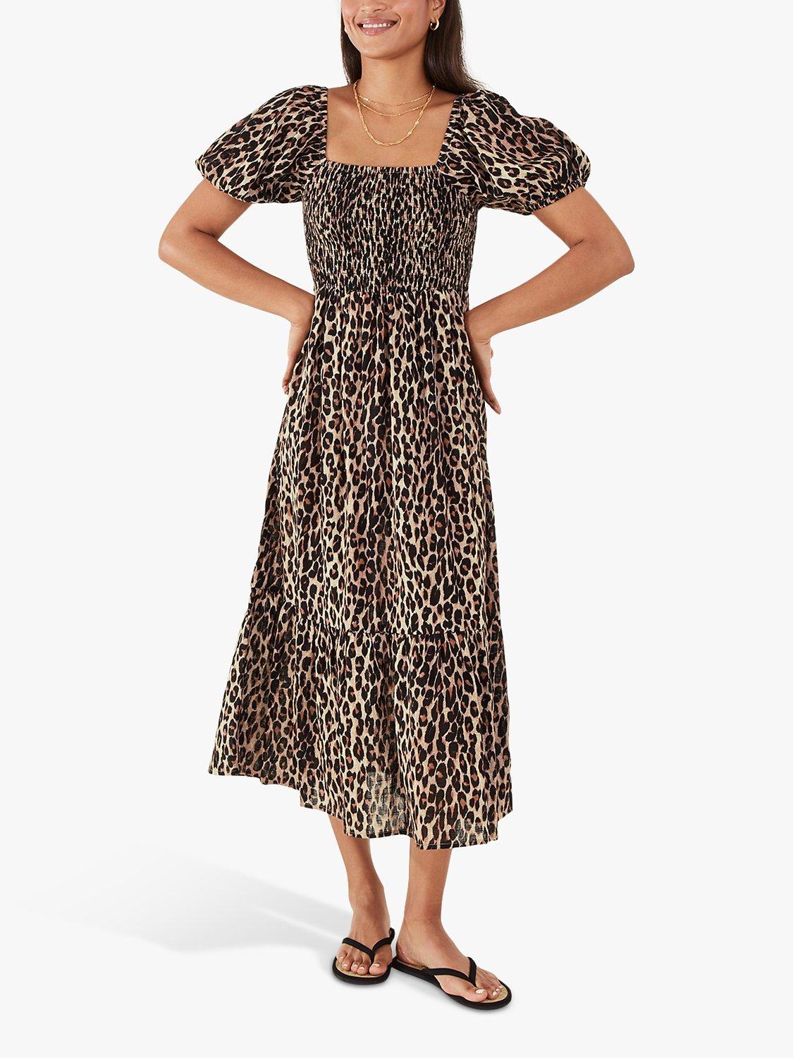 Accessorize Leopard Print Puff Sleeve Dress Mid Brown