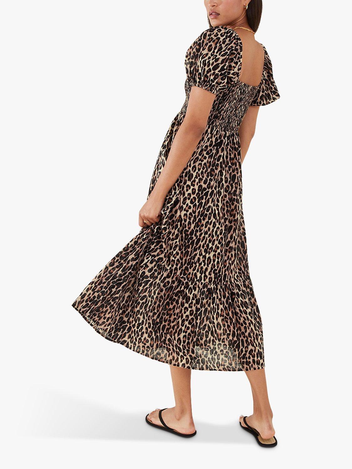 Accessorize Leopard Print Puff Sleeve Dress, Mid Brown, XS