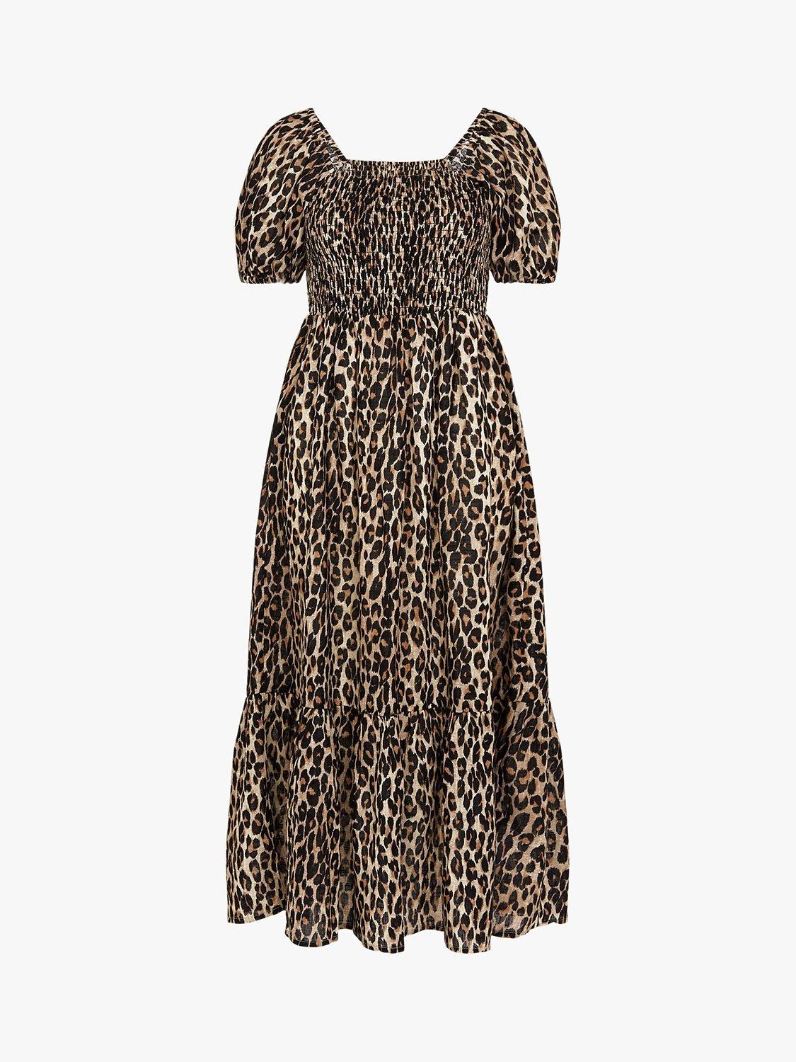 Accessorize Leopard Print Puff Sleeve Dress, Mid Brown, XS