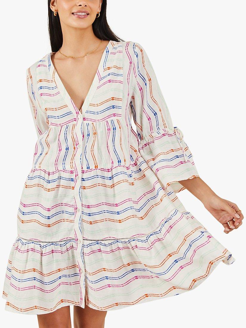 Product image 1 of 2, which shows Accessorize Fluted Sleeve Tiered Mini Dress, White/Multi, L