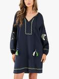 Accessorize Embroidered Fan Linen Blend Dress, Navy/Multi