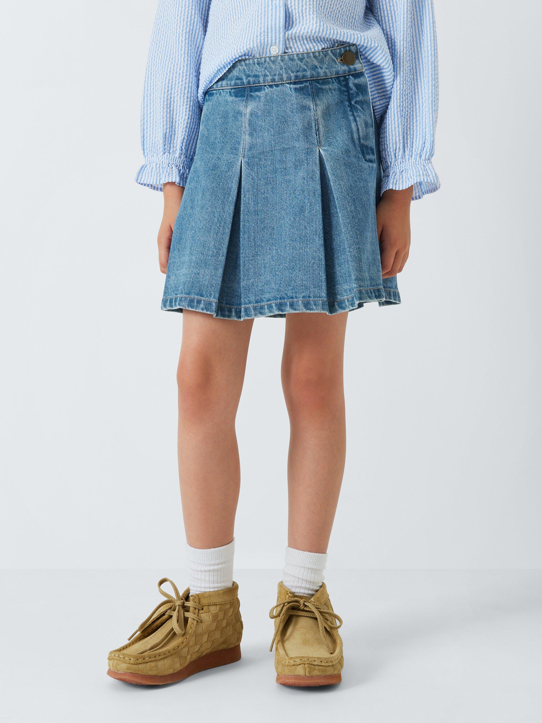 John Lewis Kids Pleated Denim Mini Skirt Denim Blue