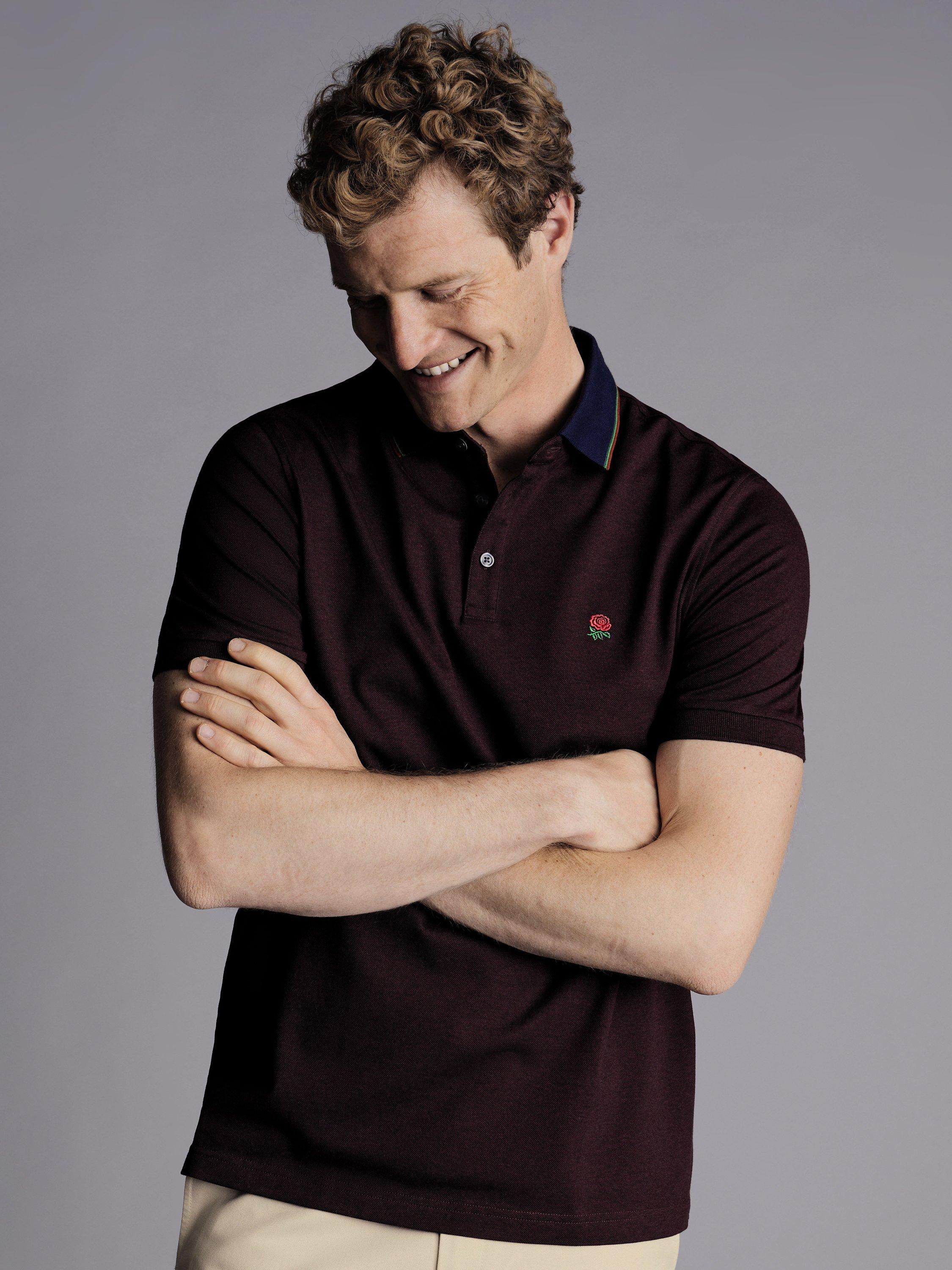 Charles Tyrwhitt England Rugby Contrast Collar Short Sleeve Pique Polo Shirt, Wine Red