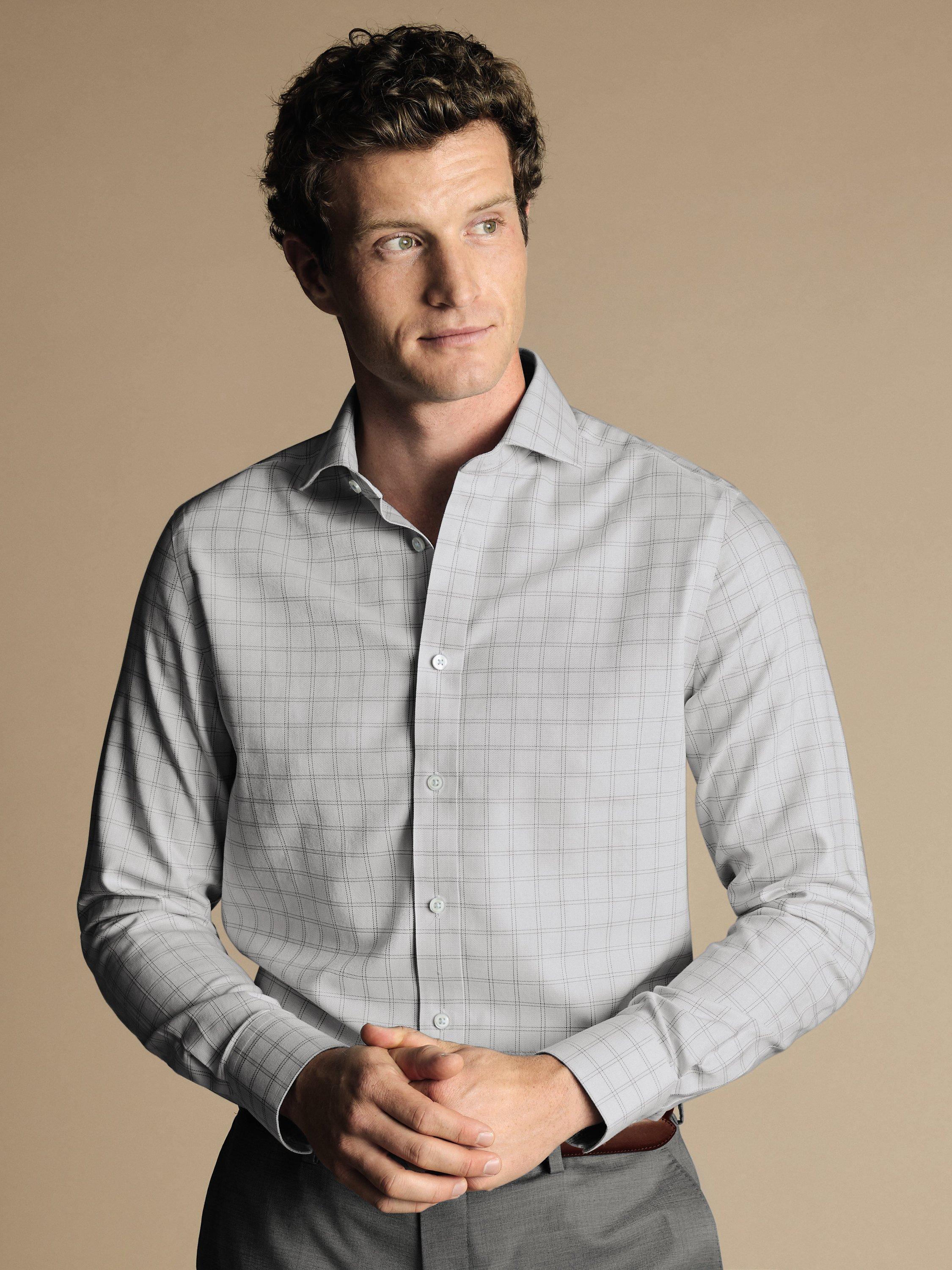 Charles Tyrwhitt Non-Iron Mayfair Weave Checked Shirt, Silver Grey