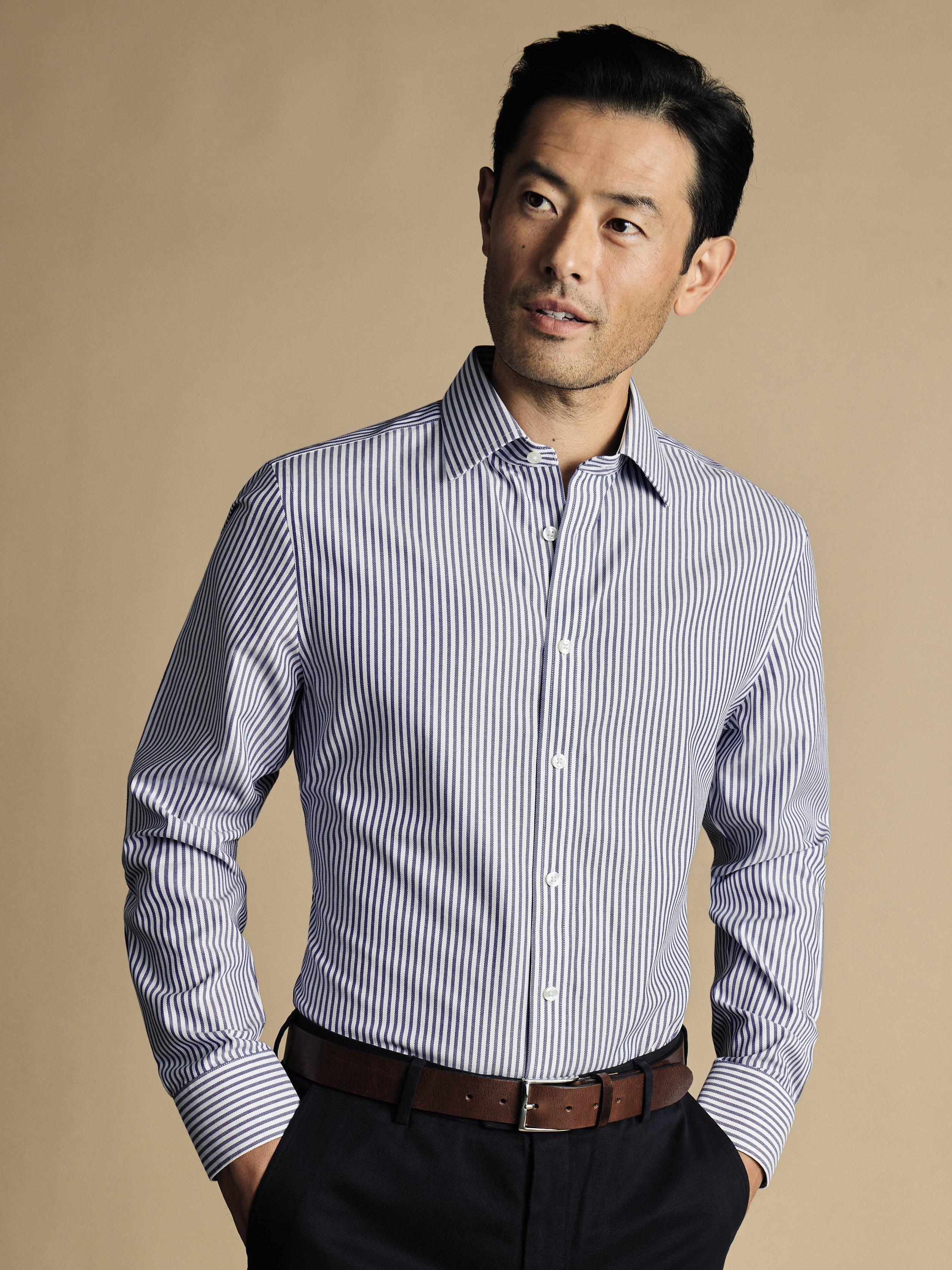 Charles Tyrwhitt Non-Iron Stripe Royal Oxford Shirt, Royal Blue/White